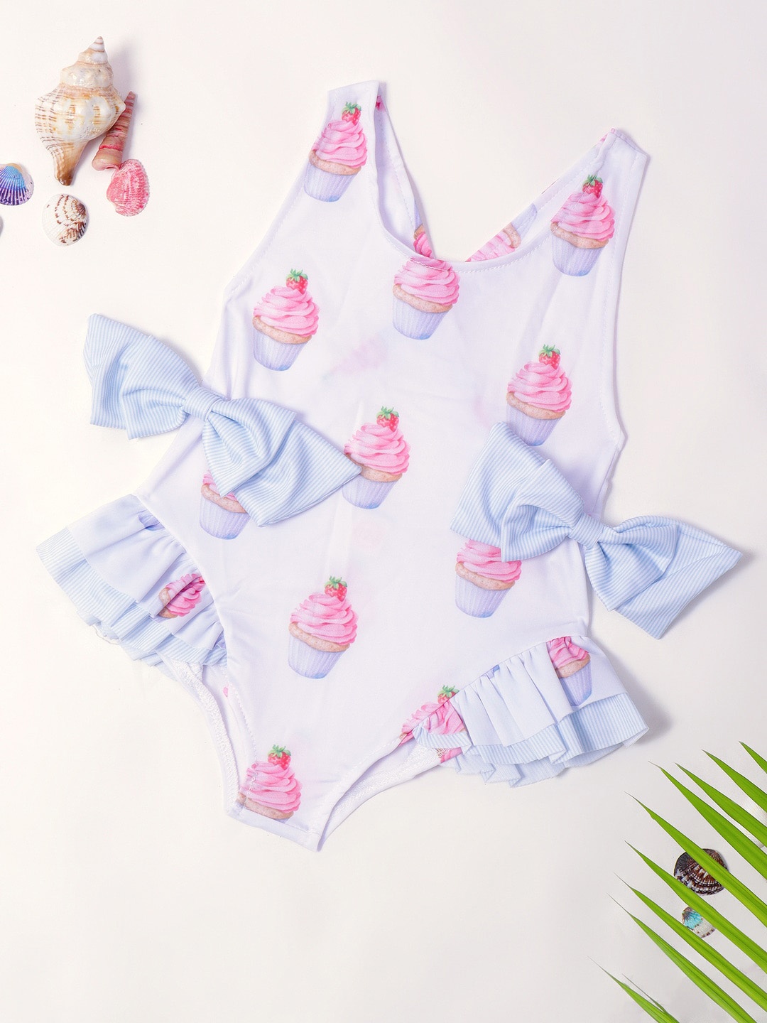 

bubble berry Girls Cupcake Printed Swim Bodysuit, White