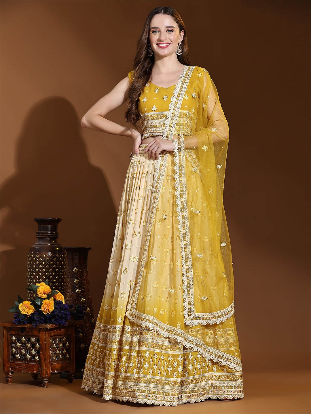 

AMOHA TRENDZ Embroidered Silk Georgette Ready to Wear Lehenga & Blouse With Dupatta, Yellow