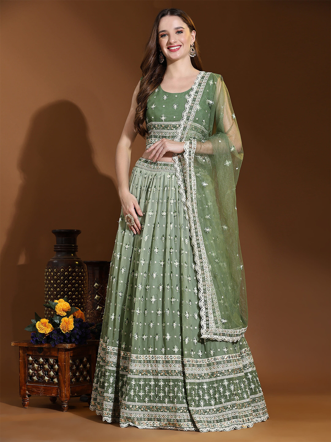 

AMOHA TRENDZ Embroidered Thread Work Ready to Wear Lehenga & Blouse With Dupatta, Green