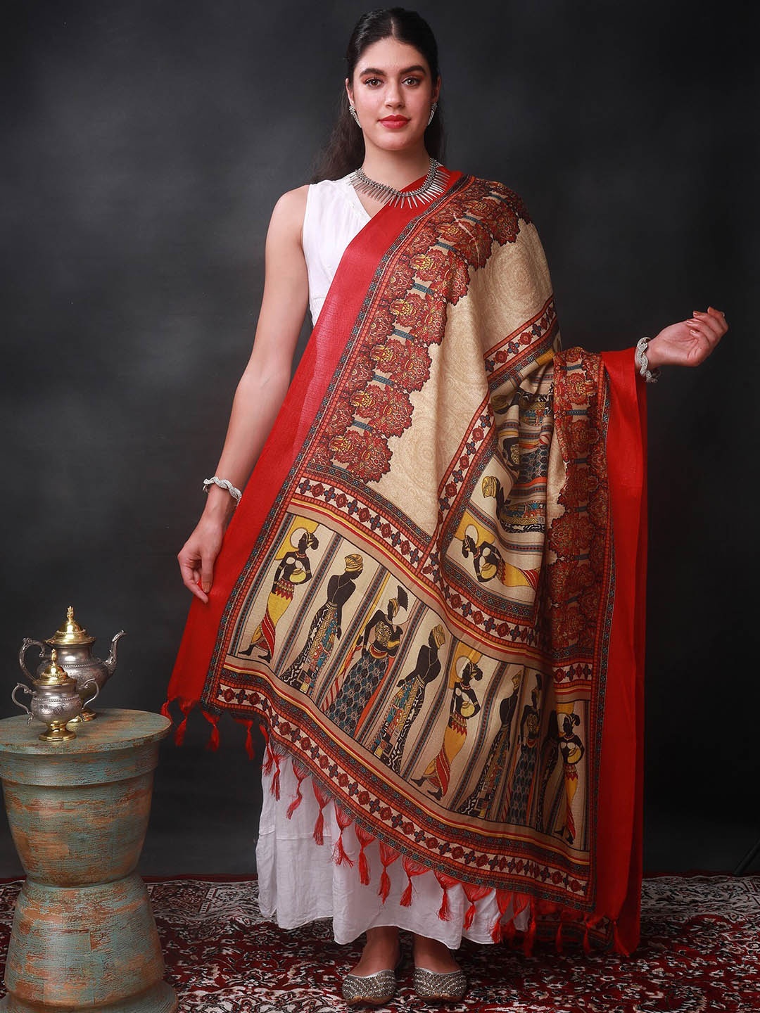 

Exotic India Red Batik Afro Women Motif Printed Banglori Satin Dupatta