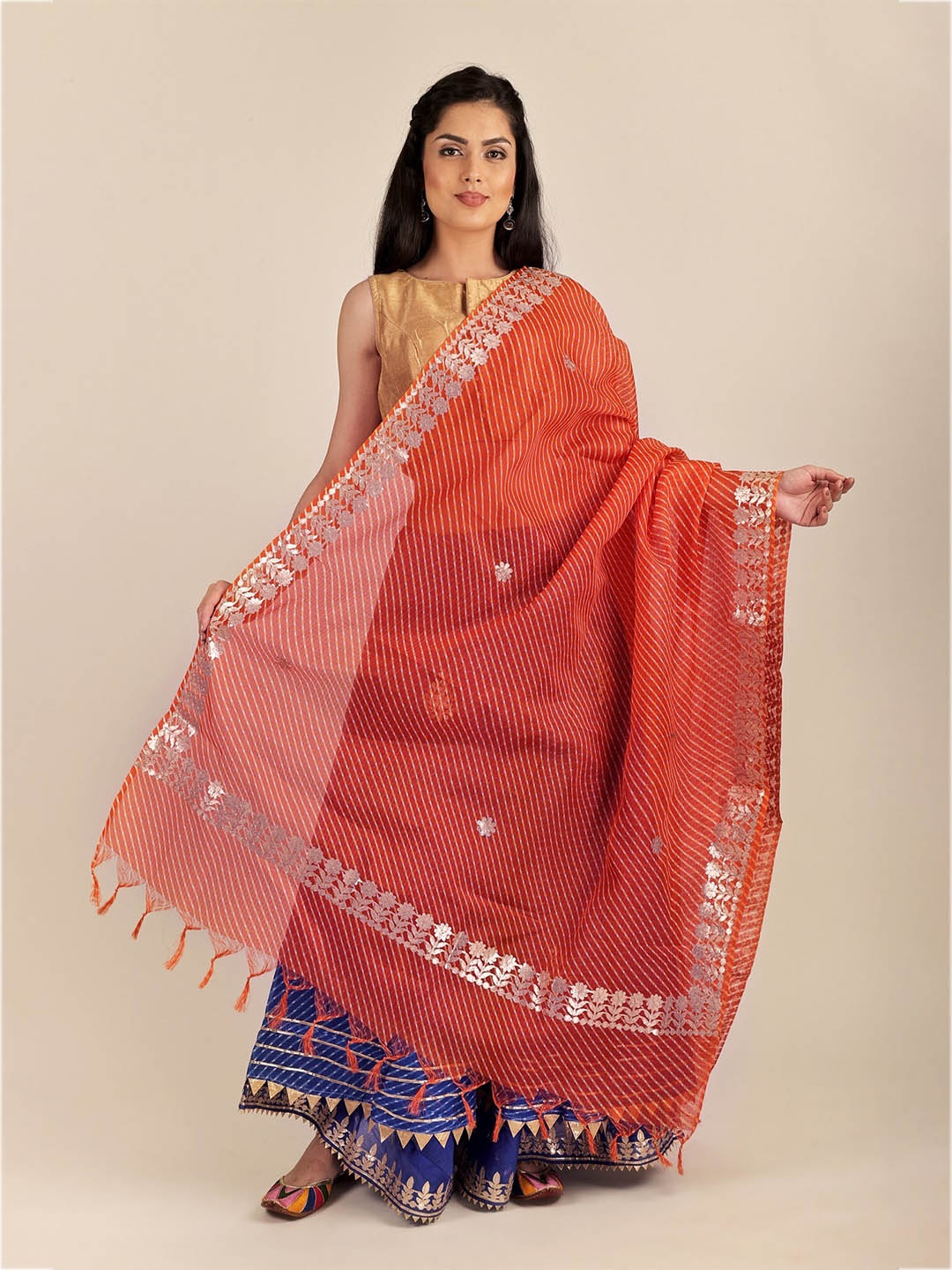 

Exotic India Orangeade Traditional Leheriya Tie-Dye Kota Doria Cotton Jodhpuri Dupatta, Orange