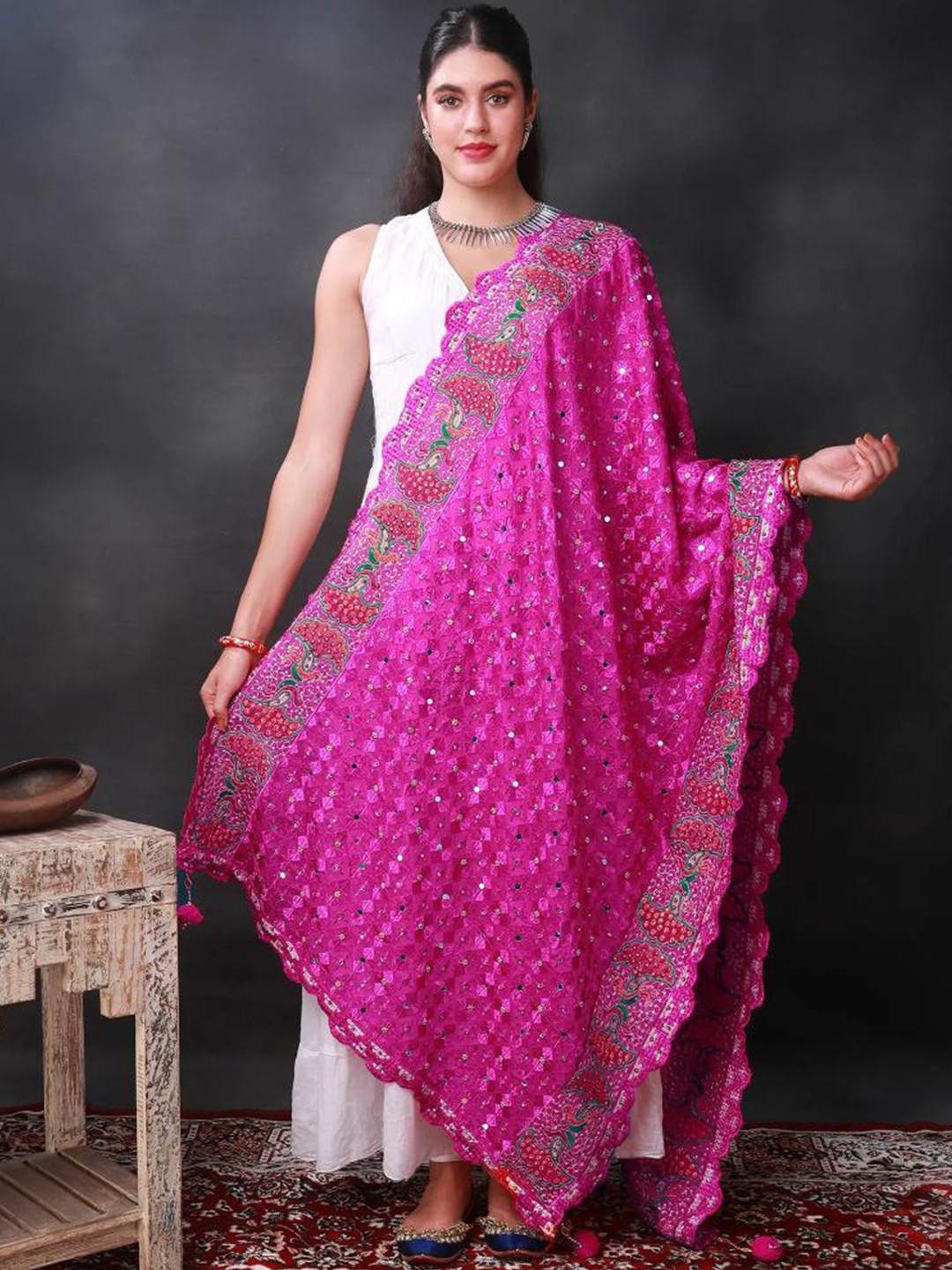 

Exotic India Fuschia Phulkari Dupatta and Peacock Embroidered and Bead-Mirror Work, Fuchsia