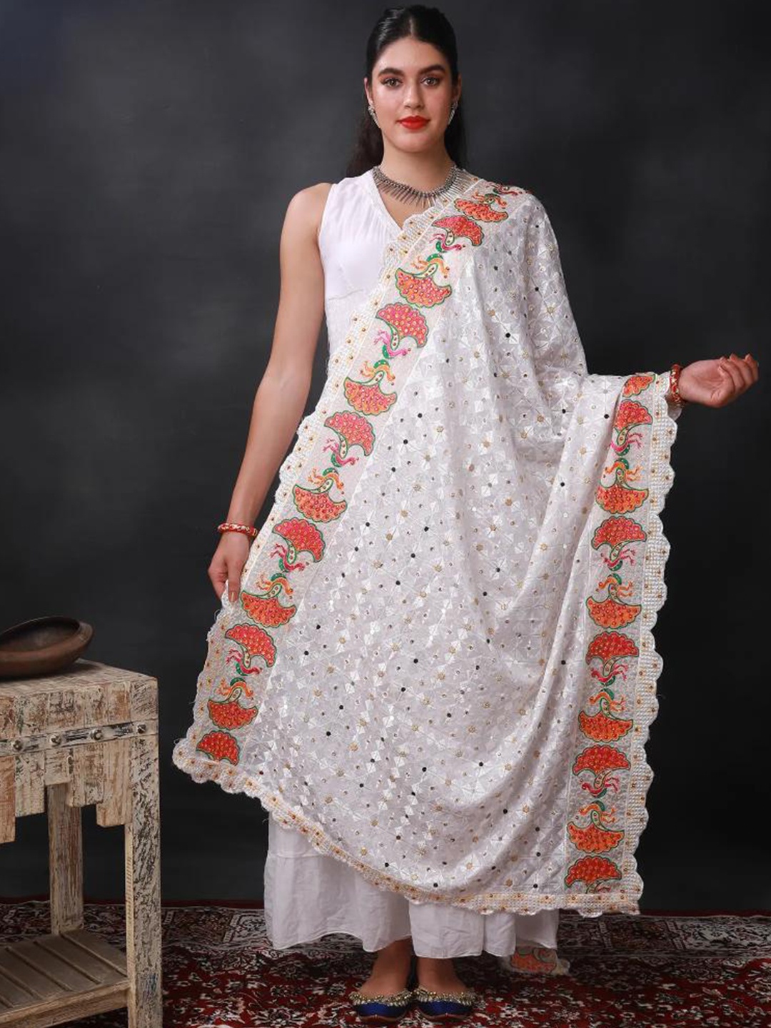 

Exotic India White Phulkari Dupatta with Peacock Embroidered and Bead-Mirror Work