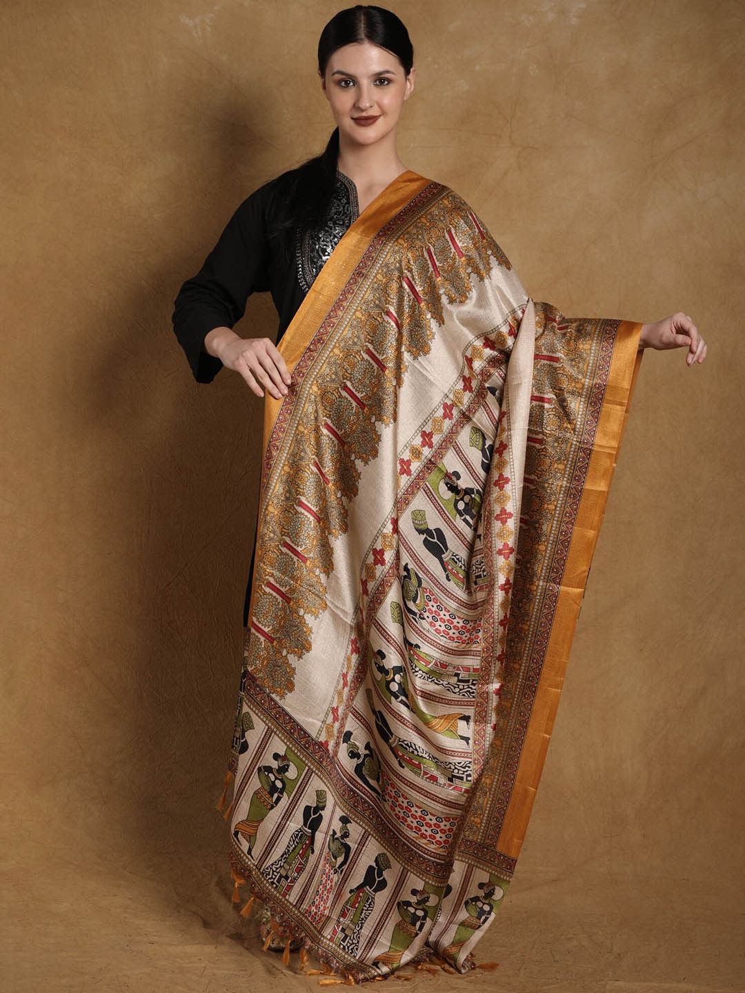 

Exotic India Golden Orange Batik Afro Women Motif Printed Banglori Satin Dupatta
