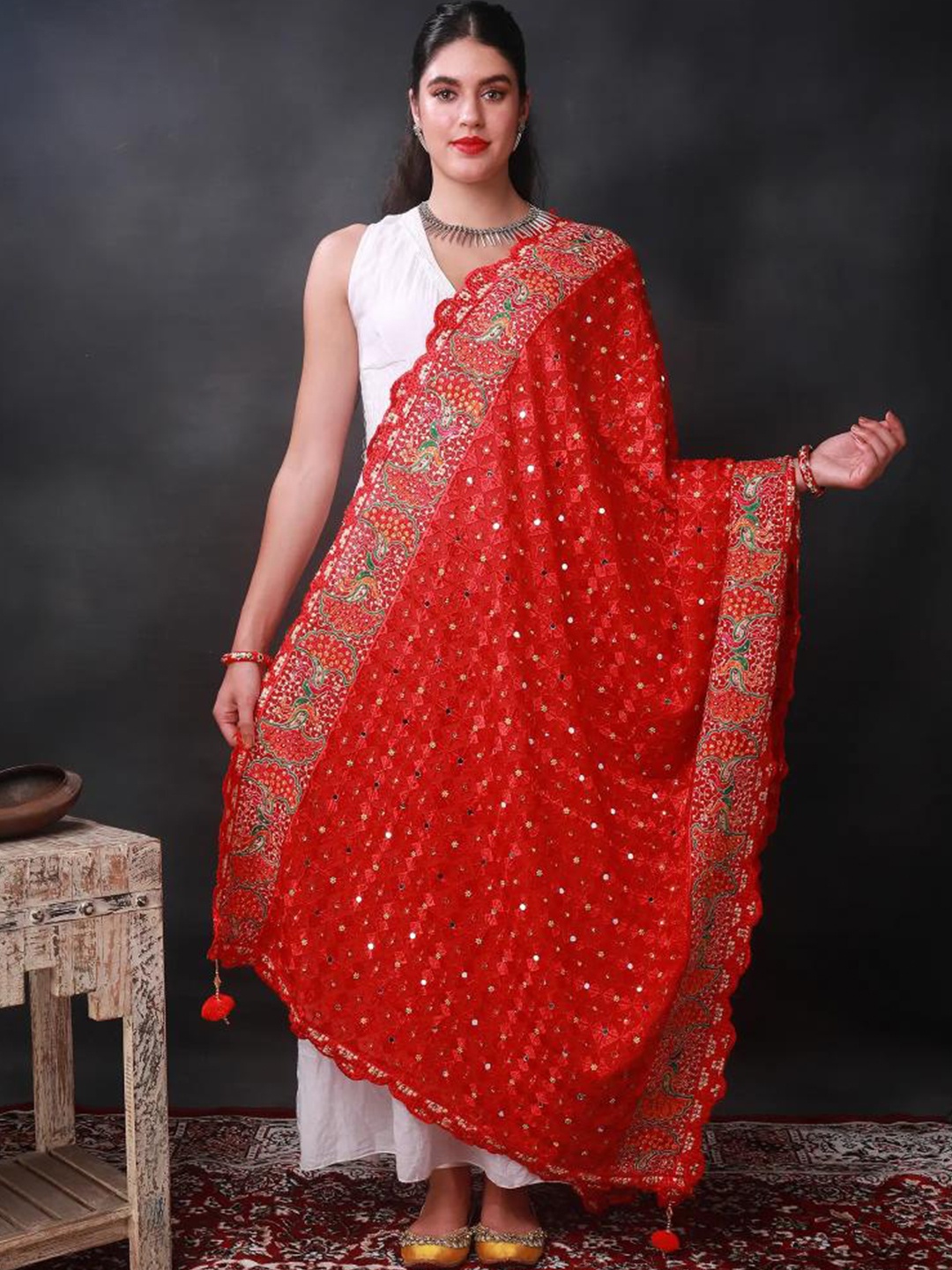 

Exotic India Red Phulkari Dupatta with Peacock Embroidered and Bead-Mirror Work