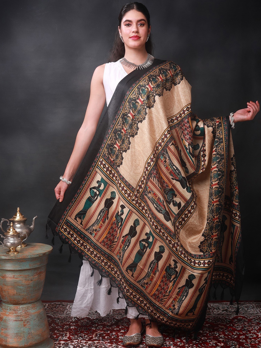 

Exotic India Ethnic Motifs Printed Satin Batik Dupatta, Black