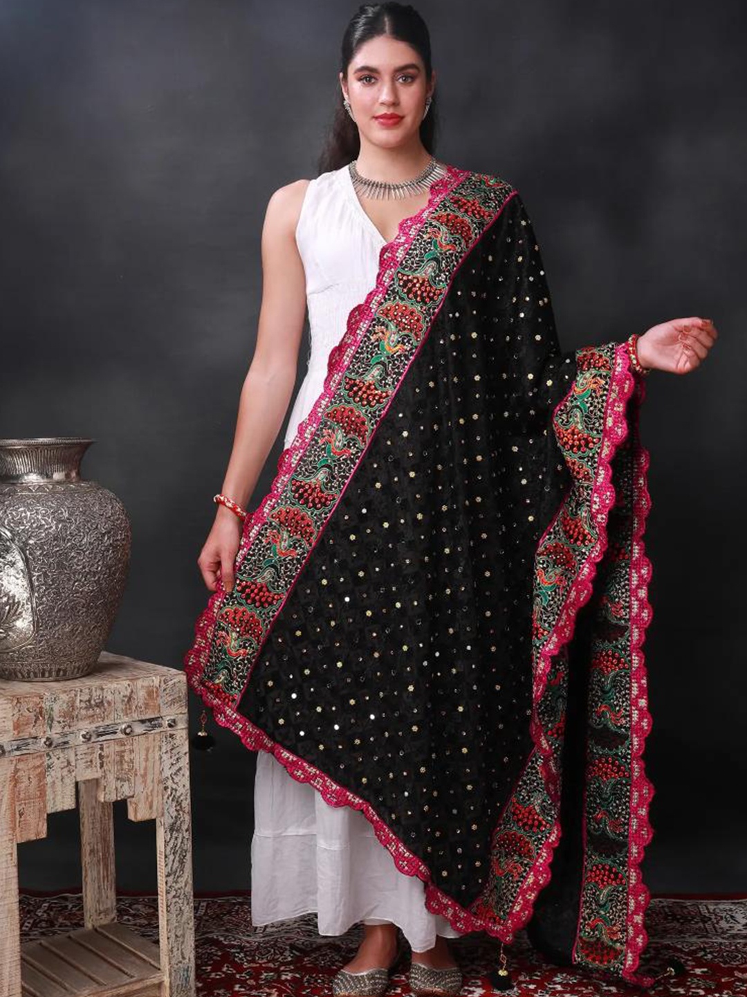 

Exotic India Embroidered Art Silk Mirror Work Phulkari Dupatta, Black