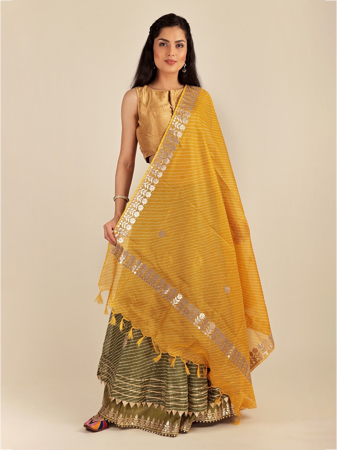 

Exotic India Marigold Traditional Leheriya Tie-Dye Kota Doria Cotton Jodhpuri Dupatta, Yellow