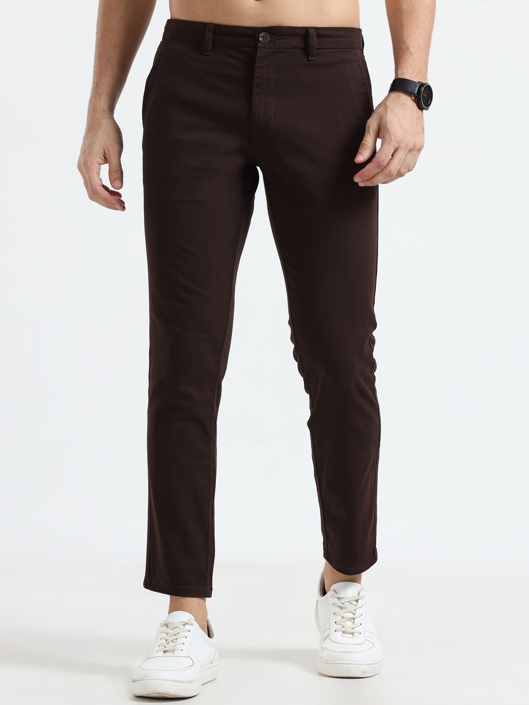 

Dogi Verg Men Tailored Slim Fit Mid-Rise Cotton Regular Trousers, Coffee brown