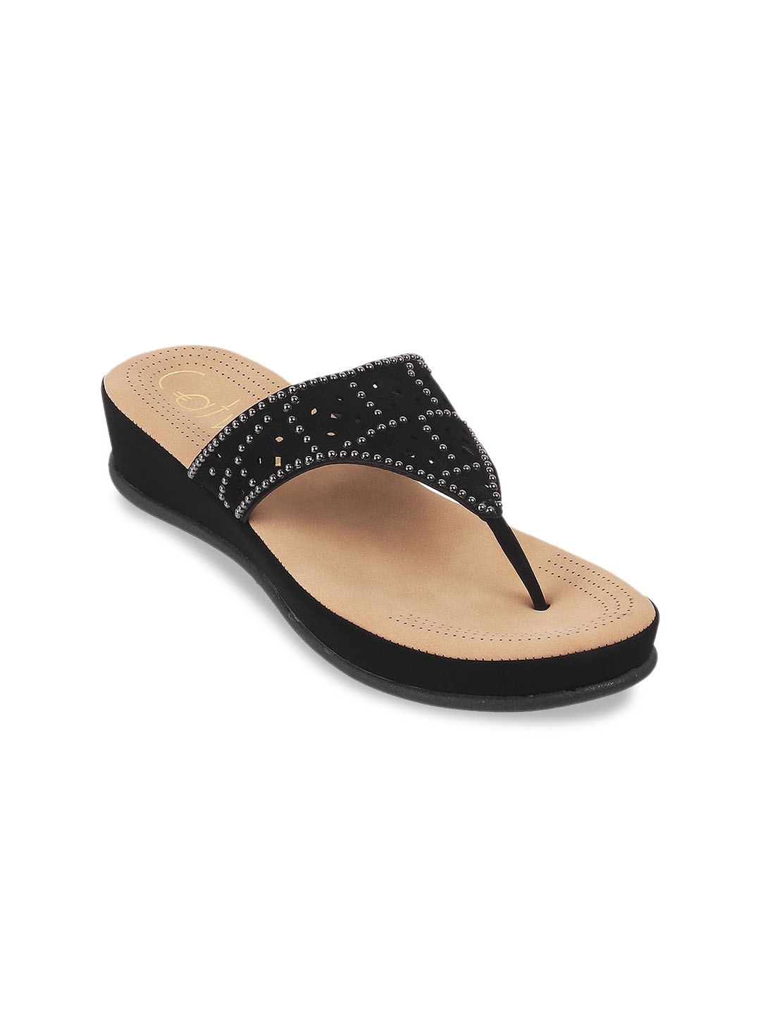

Catwalk Embellished Open Toe T-Strap Flats, Black