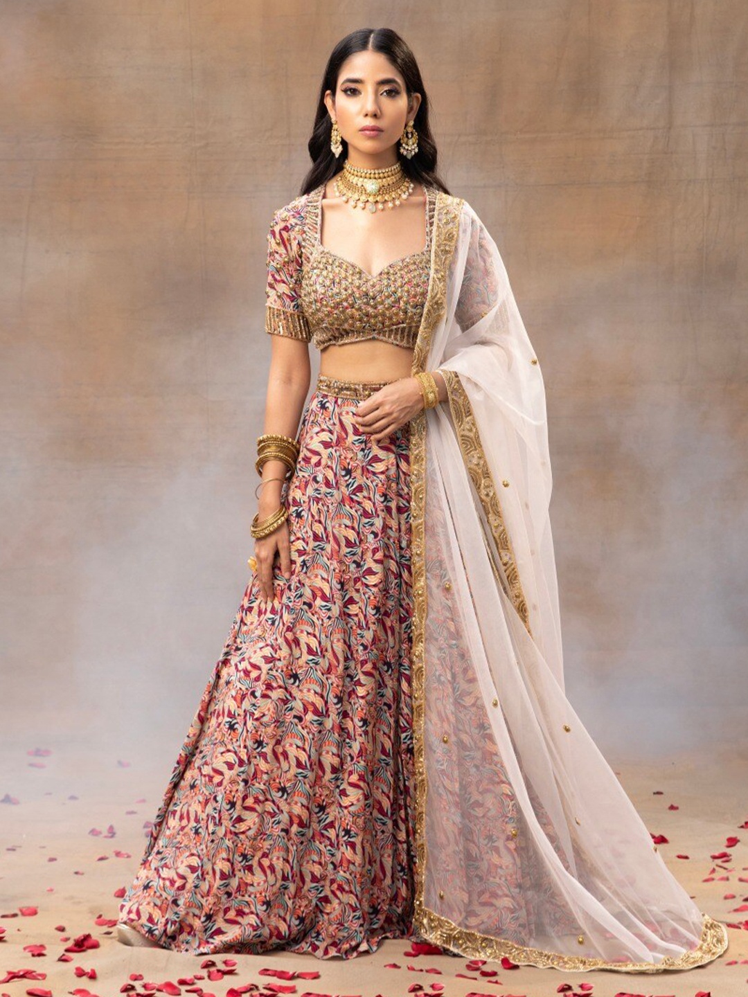 

Mehak Murpana Embroidered Beads & Stones Ready to Wear Lehenga & Blouse With Dupatta, Gold