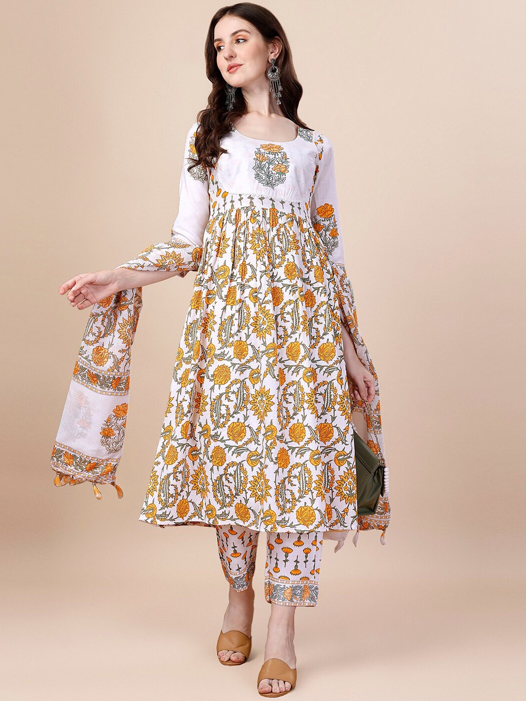 

Bildos Ethnic Motifs Printed Pure Cotton Anarkali Kurta with Trousers & Dupatta, Brown
