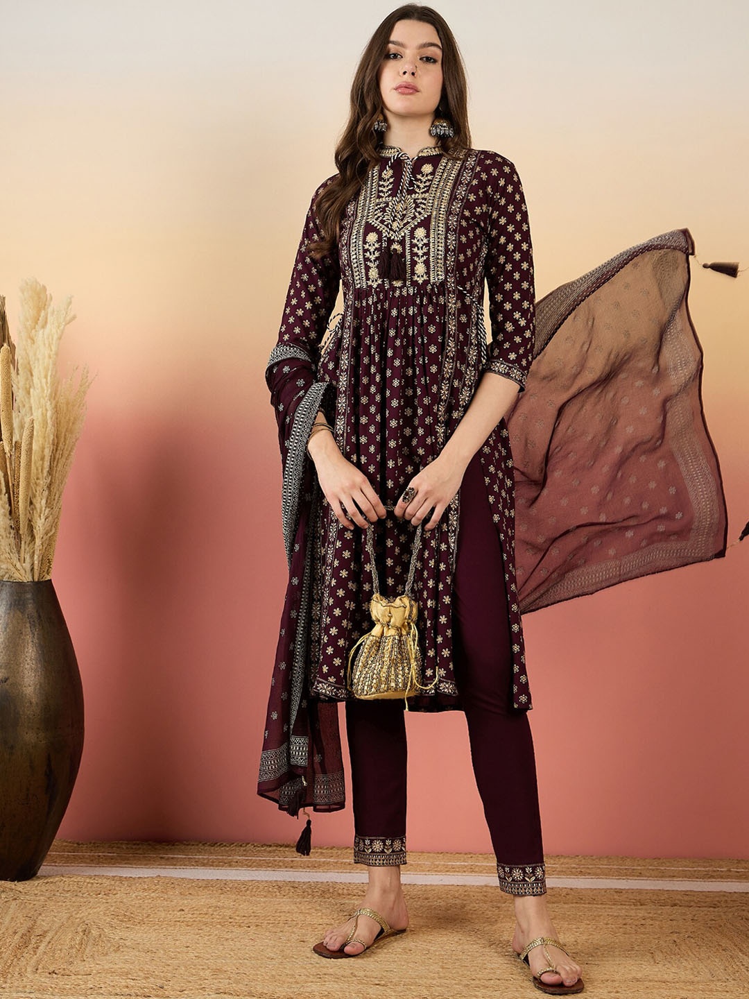 

Anouk Ethnic Motifs Embroidered Pleated Zari A-Line Kurta With Trousers & Dupatta, Maroon