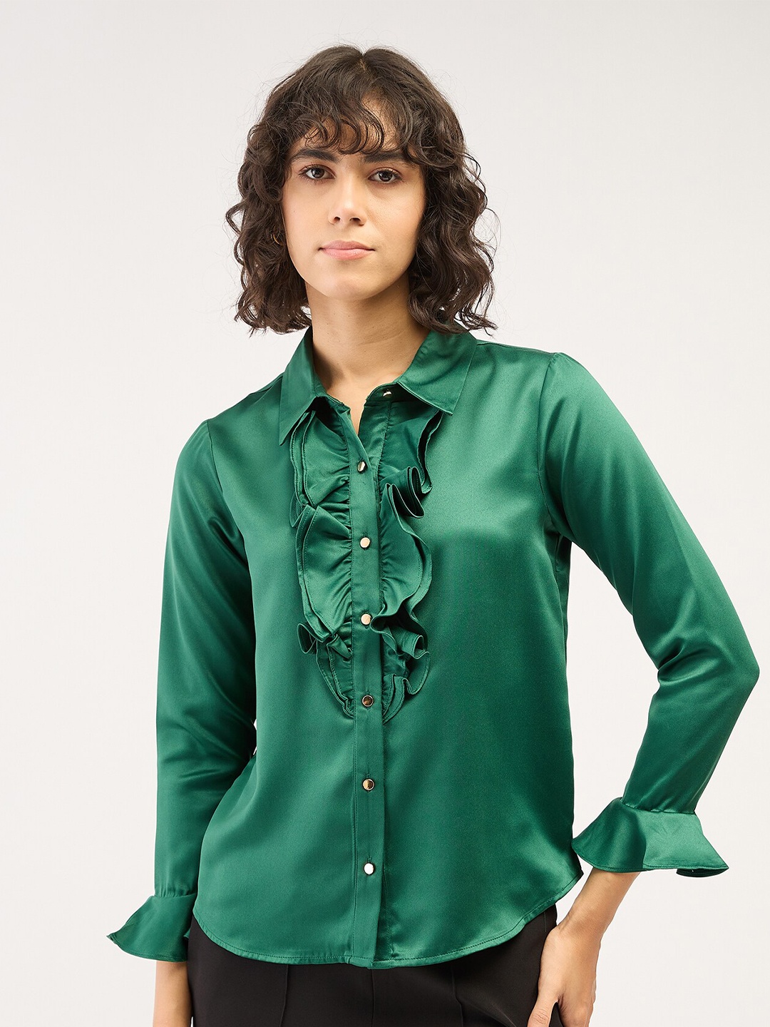 

SALT ATTIRE Premium Spread Collar Bell Sleeves Casual Shirt, Green