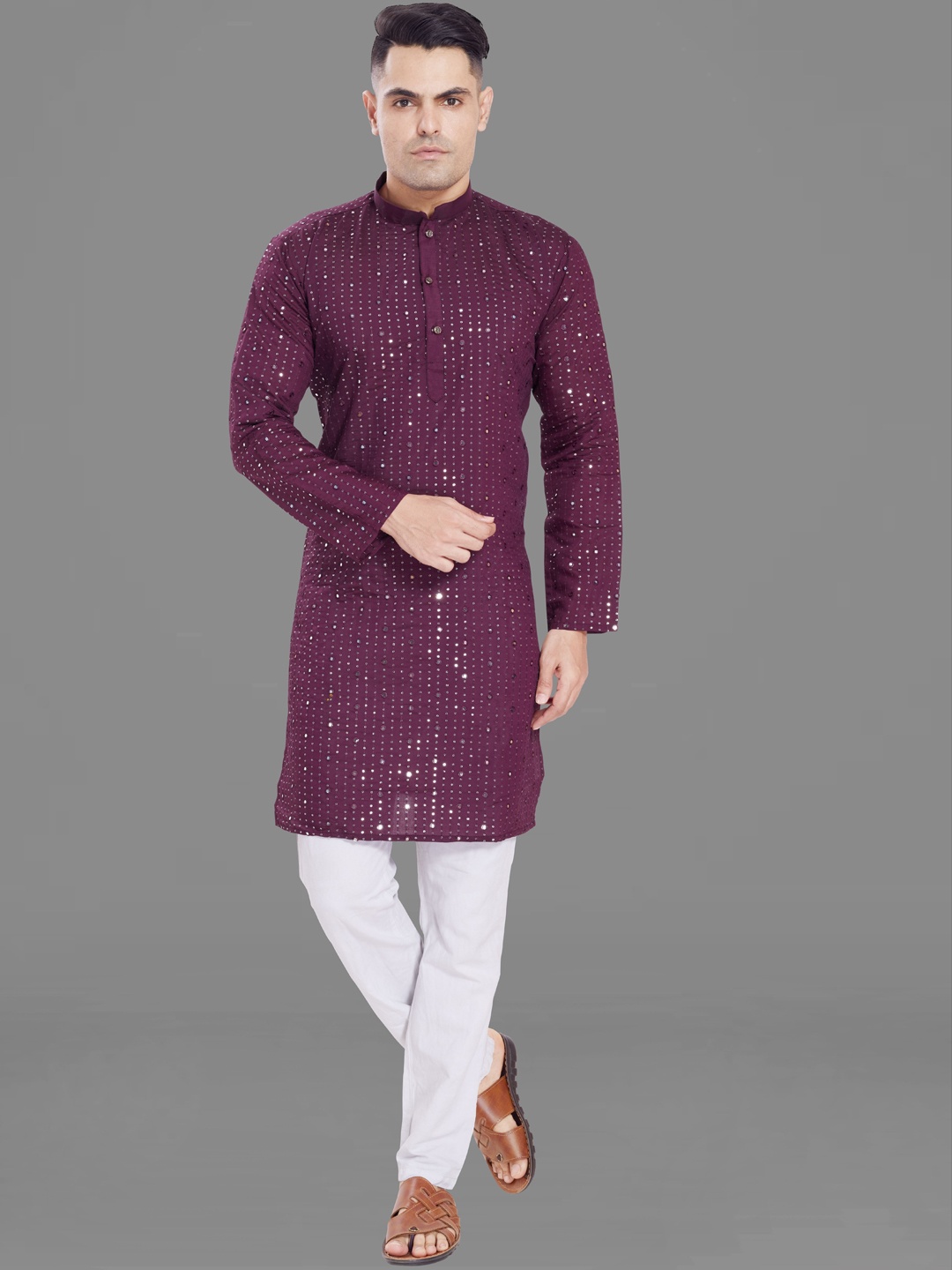 

Rani Saahiba Mandarin Collar Long Sleeves Sequined Embroidered Straight Kurta, Burgundy