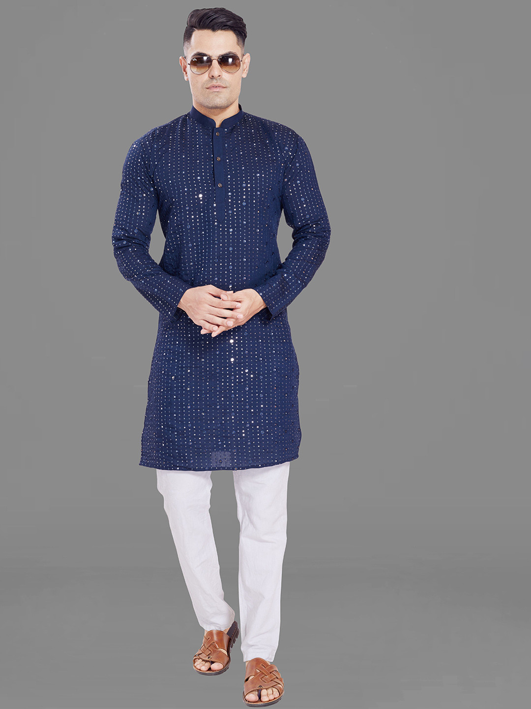 

Rani Saahiba Mandarin Collar Long Sleeves Sequined Embroidered Straight Kurta, Navy blue