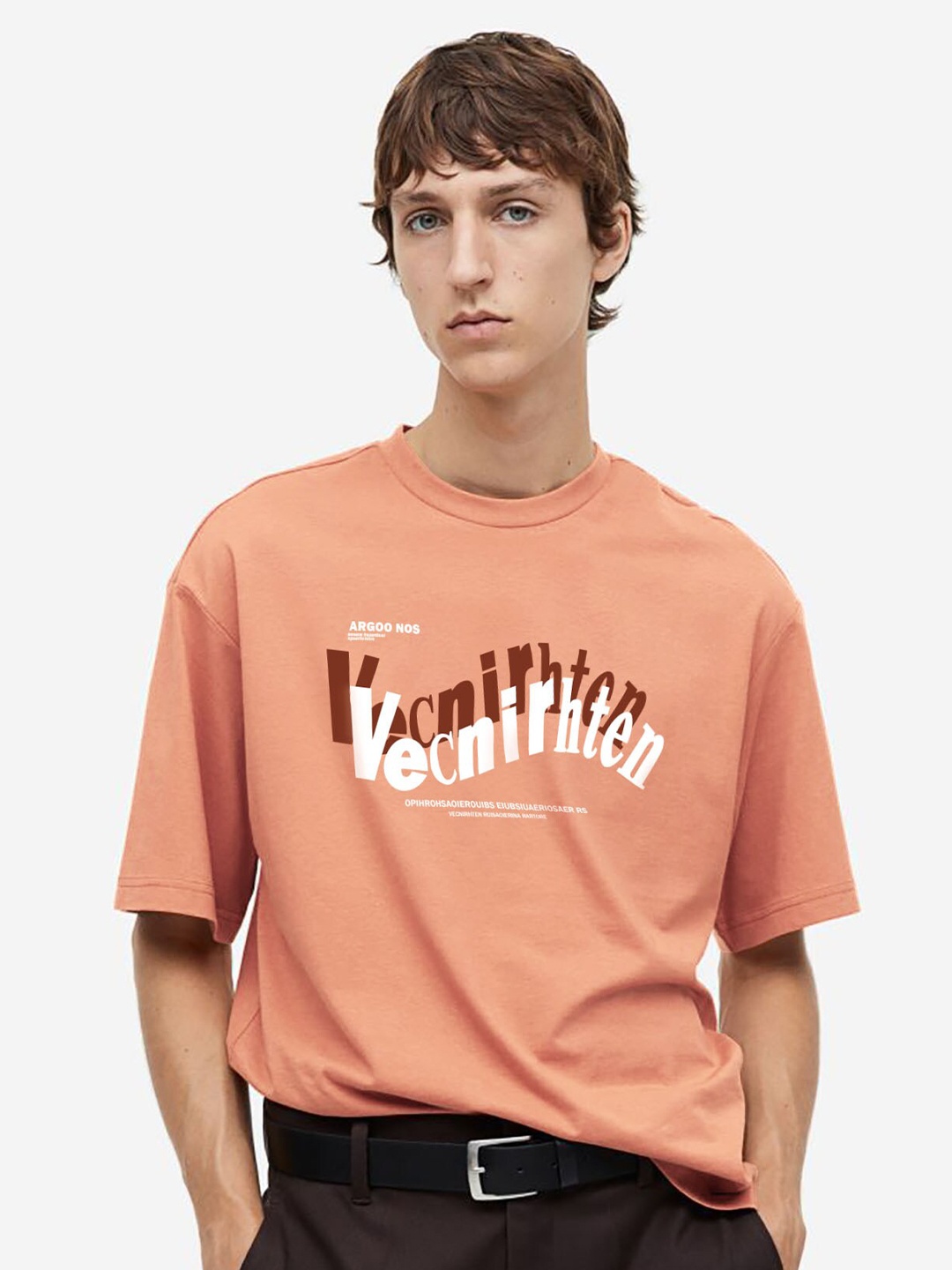 MISCHIEF MONKEY Printed Round Neck Three-Quarter Sleeves Cotton T-shirt, Peach