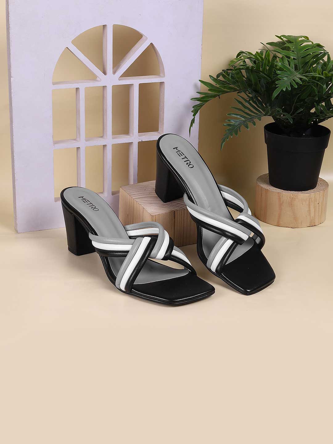 

Metro Textured Open Toe Block Heels, Black