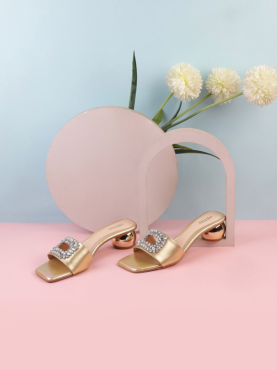 

Metro Embellished Open Toe Block Heels, Gold