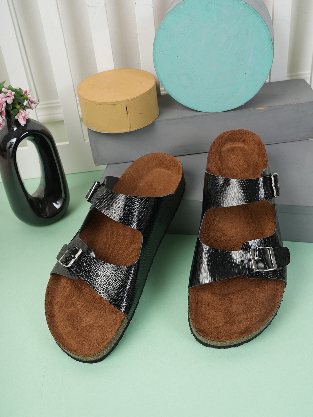

MOZAFIA Buckle Detail Open Toe Flats, Black