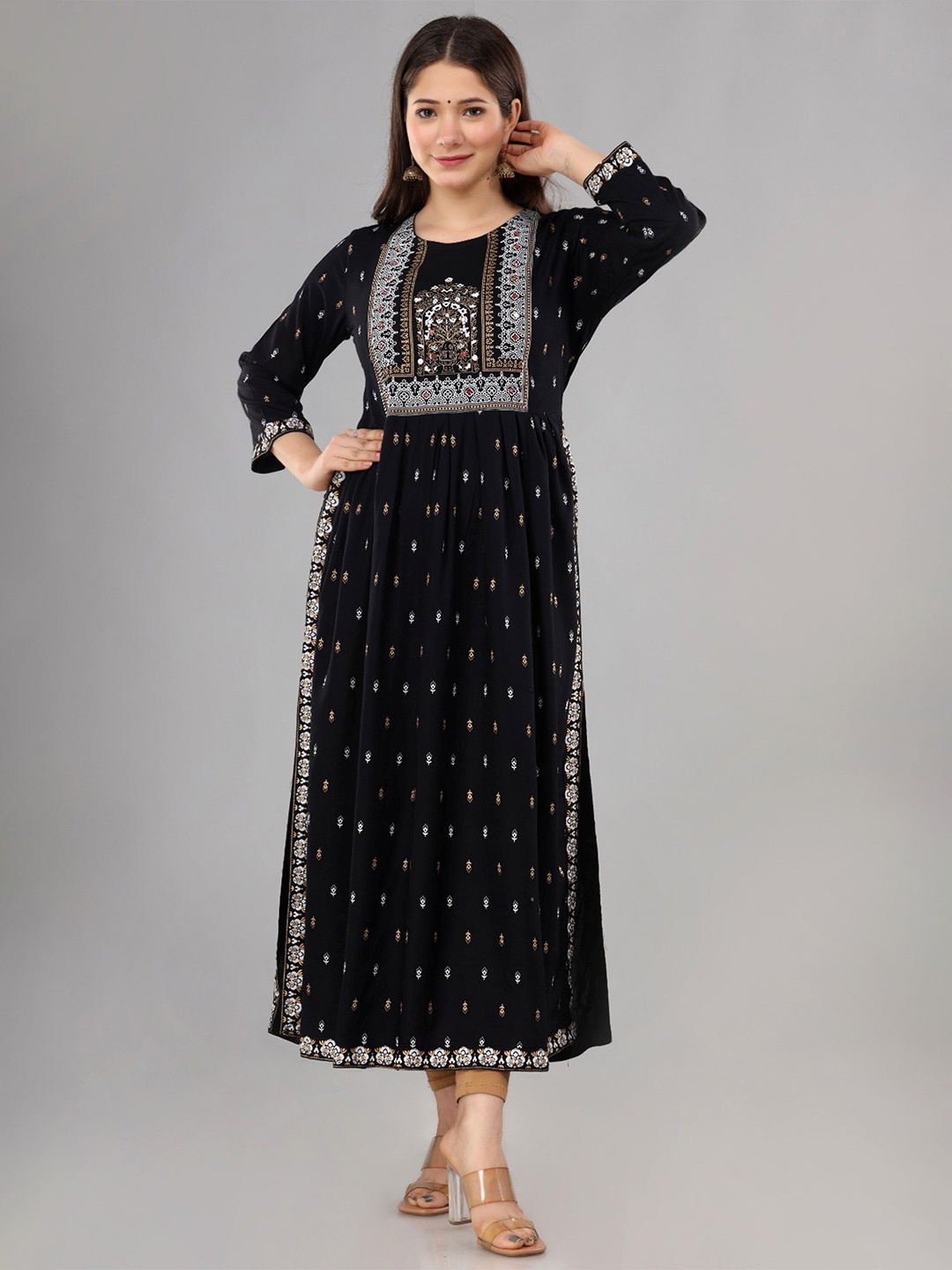 

AARYAHI Ethnic Motifs Embroidered Beads and Stones Round Neck Nayra Cut Kurta, Black