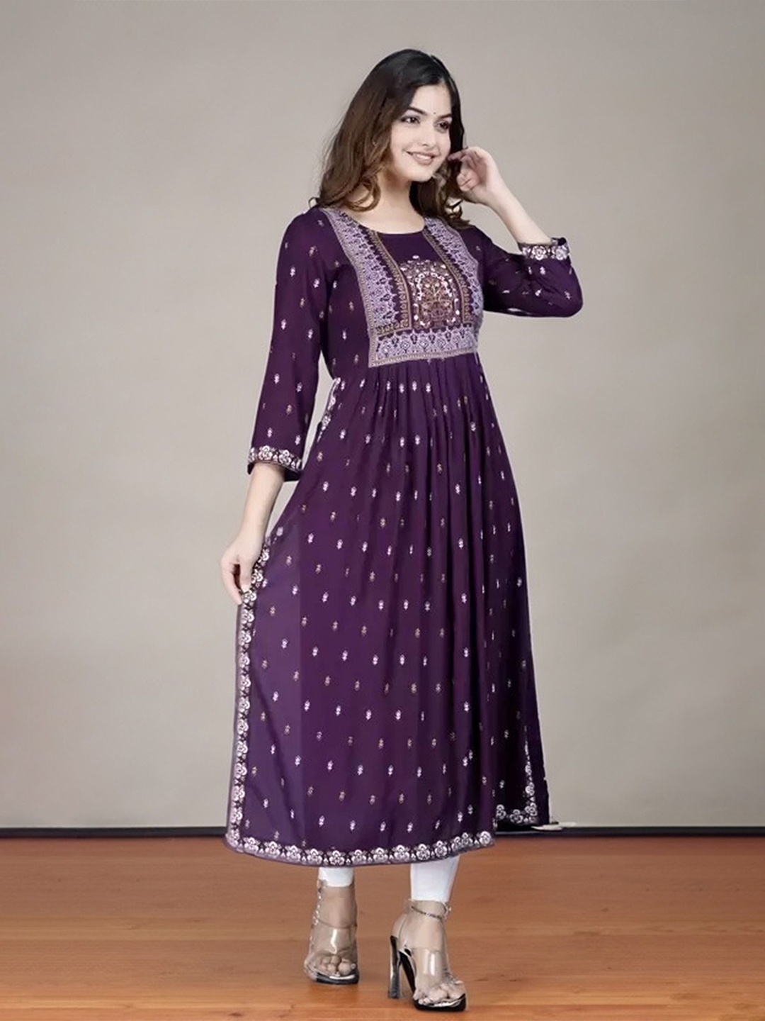 

AARYAHI Ethnic Motifs Embroidered Beads and Stones A-Line Kurta, Purple