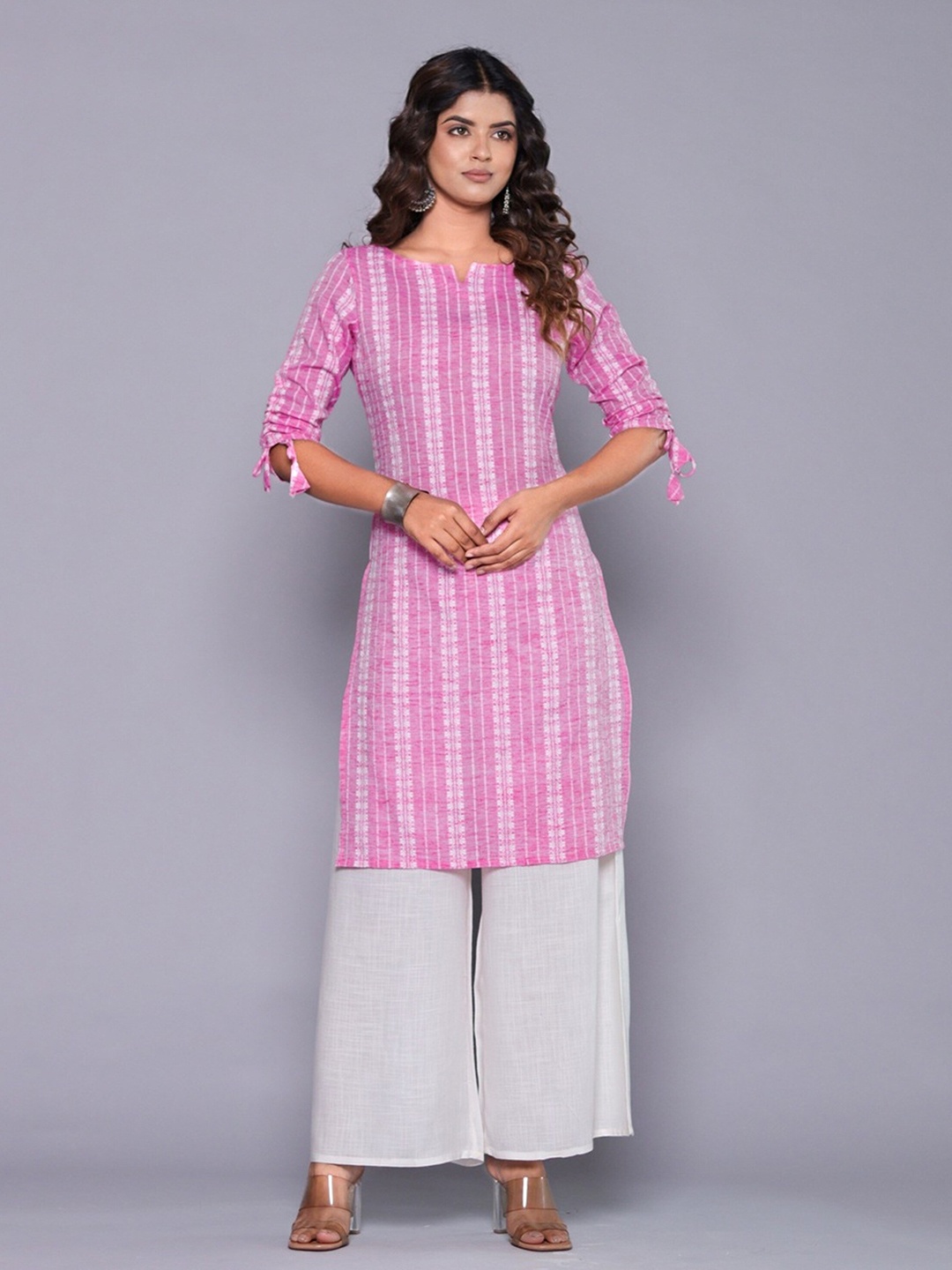 

AARYAHI striped Round Neck Pure Cotton Straight Kurta, Pink