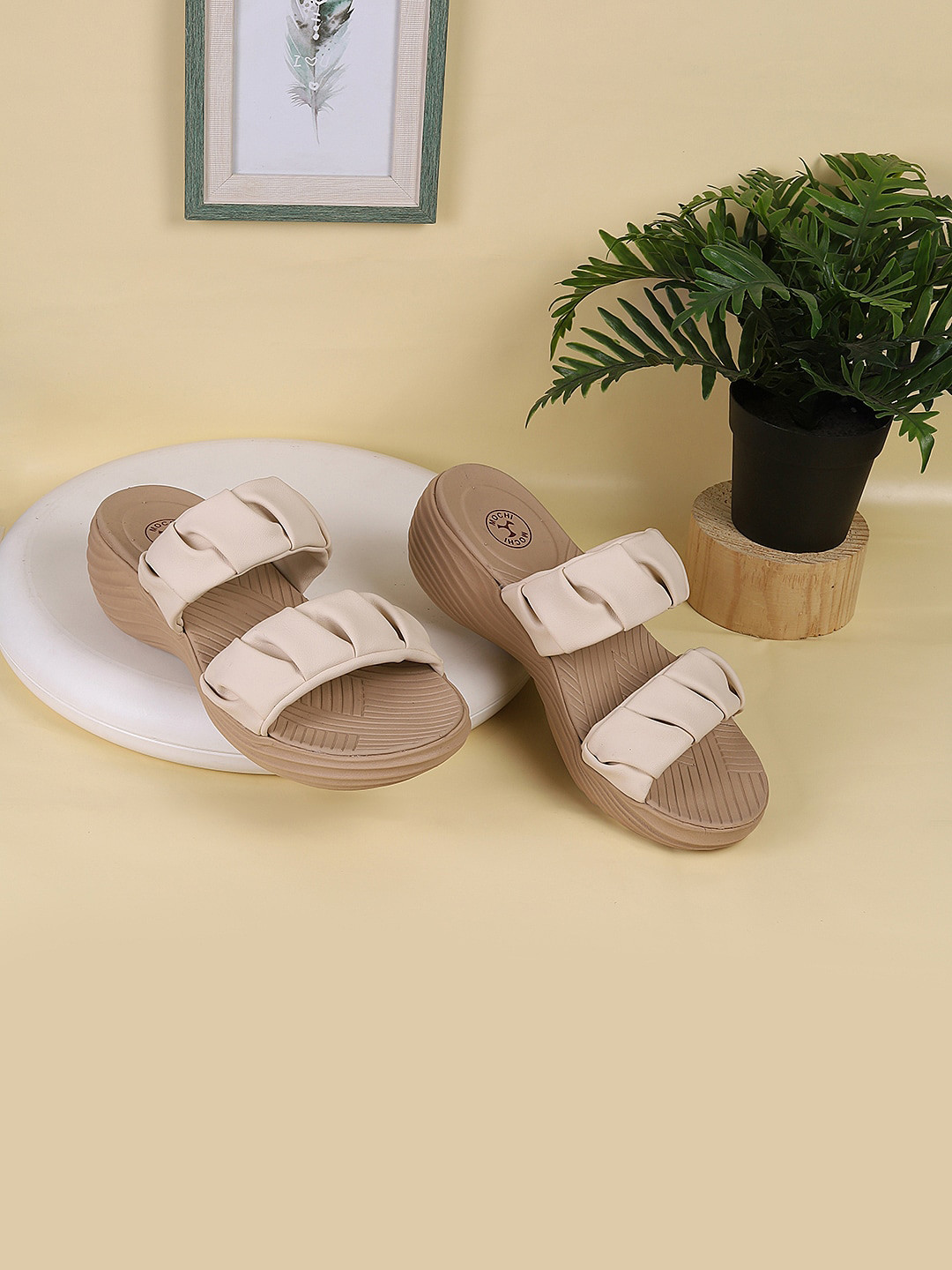 

Mochi Textured Open Toe Block Heels, Beige