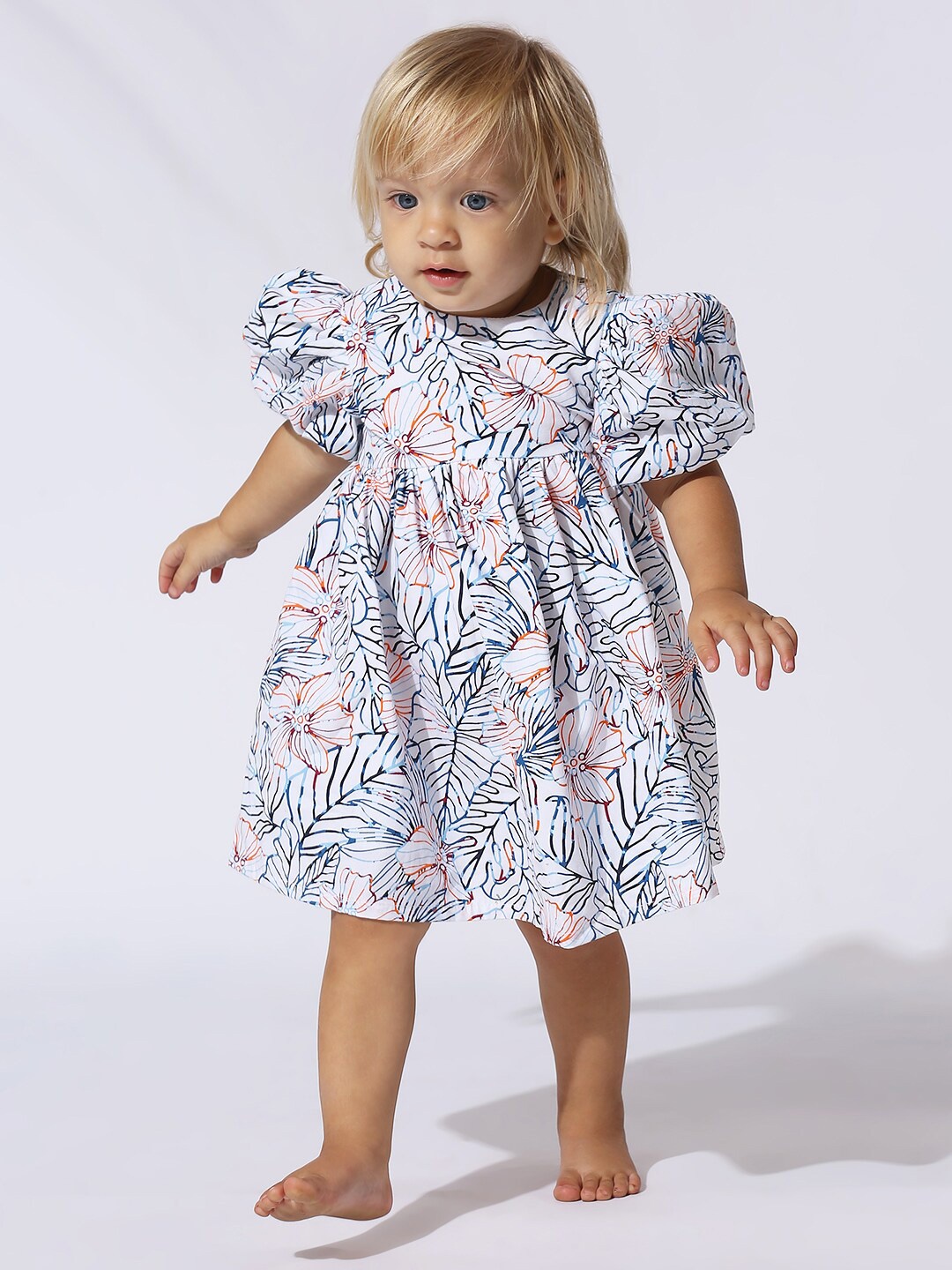 

My Milestones Floral Printed Pure Cotton Puff Sleeve Dress, White