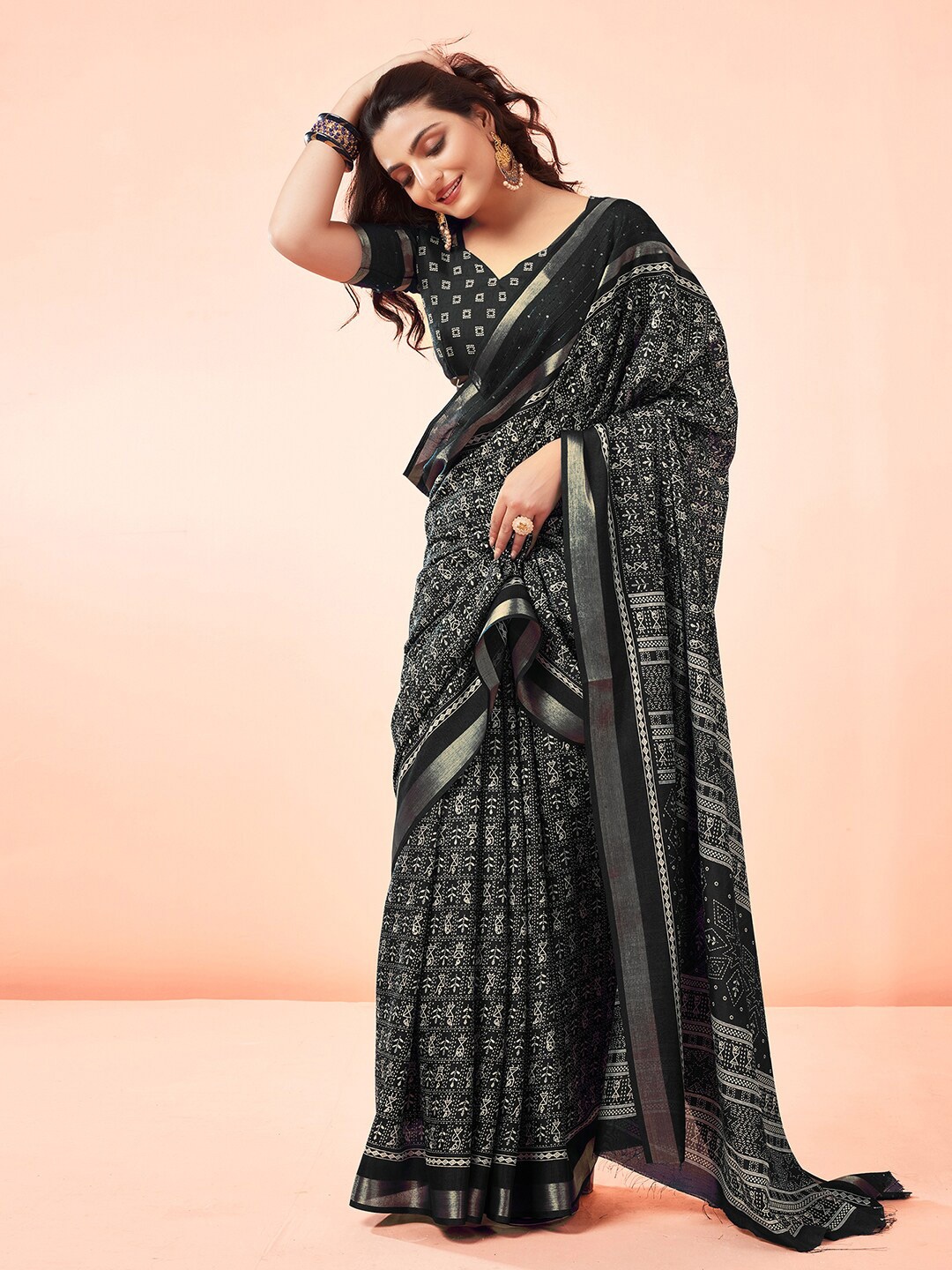 

Satrani Warli Zari Bhagalpuri Saree With Blouse Piece, Black