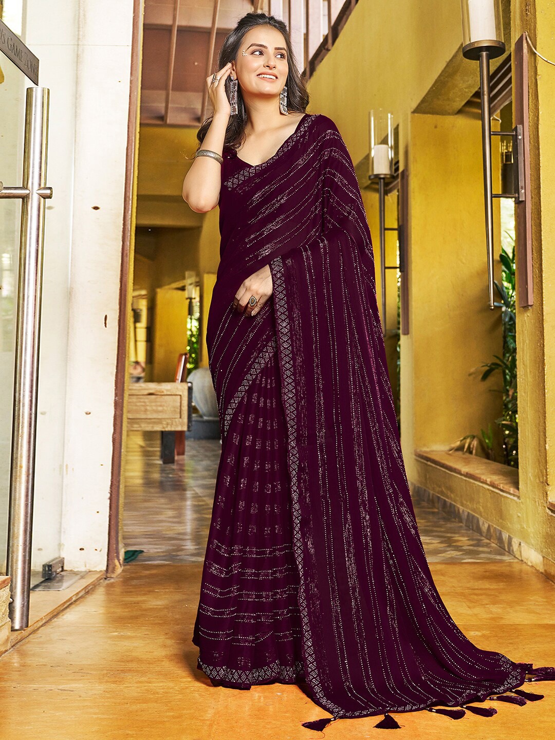 

Satrani Striped Pure Chiffon Saree, Purple