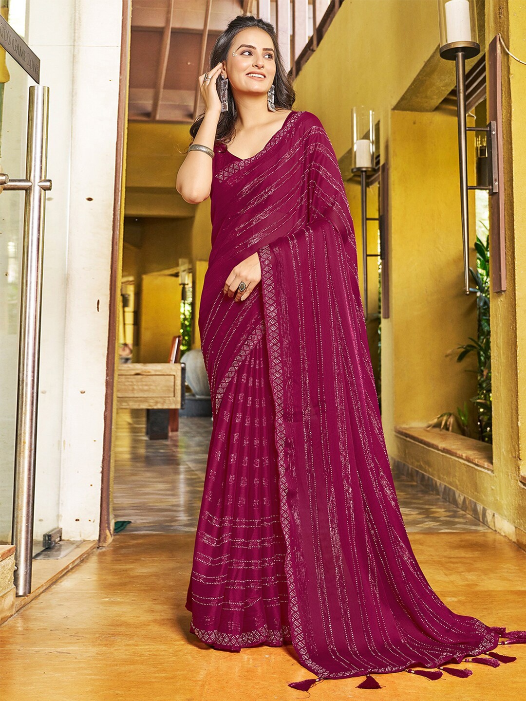 

Satrani Striped Pure Chiffon Saree, Magenta