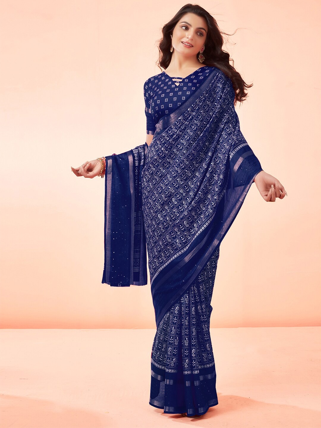 

Satrani Cotton Blend Printed Warli Saree, Navy blue