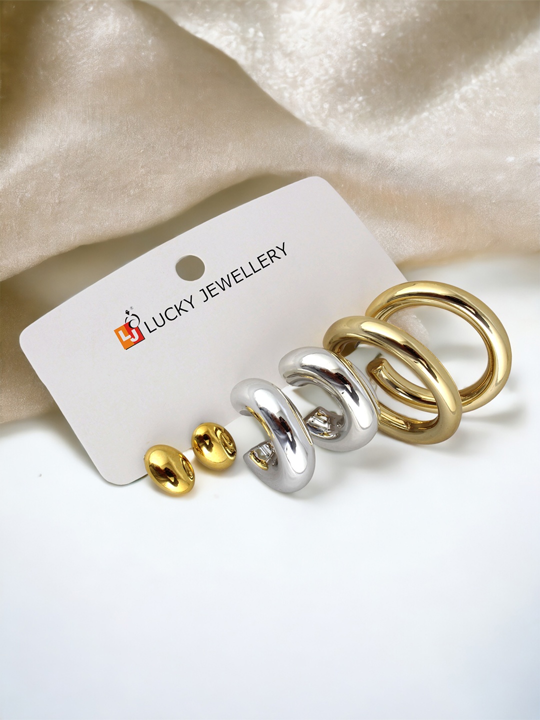 

LUCKY JEWELLERY Set of 3 Gold Plated Studs & Half Hoop Earrings