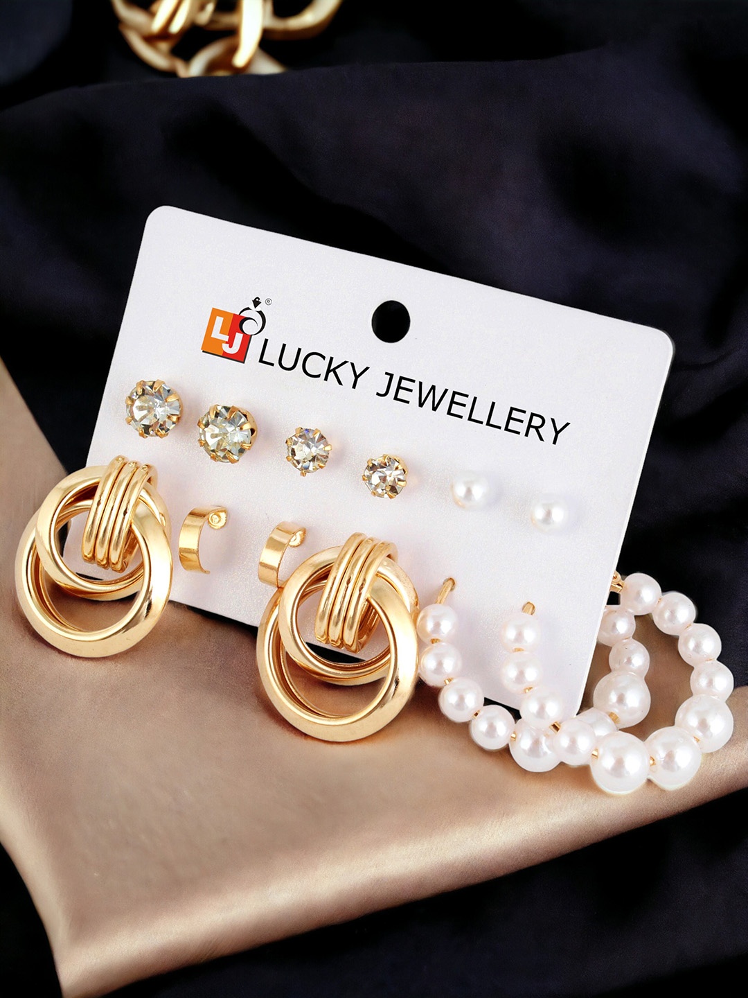 

LUCKY JEWELLERY Set of 6 Artificial Stones Gold Plated Earrings