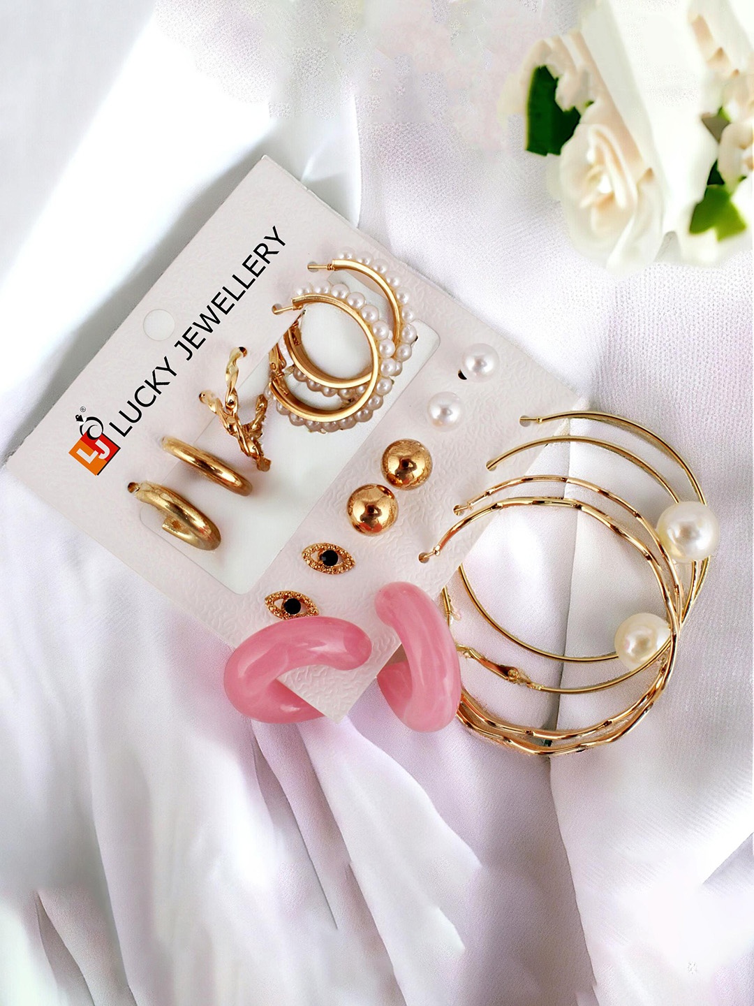 

LUCKY JEWELLERY Set of 9 Gold-Plated Geometric Studs & Hoop Earrings