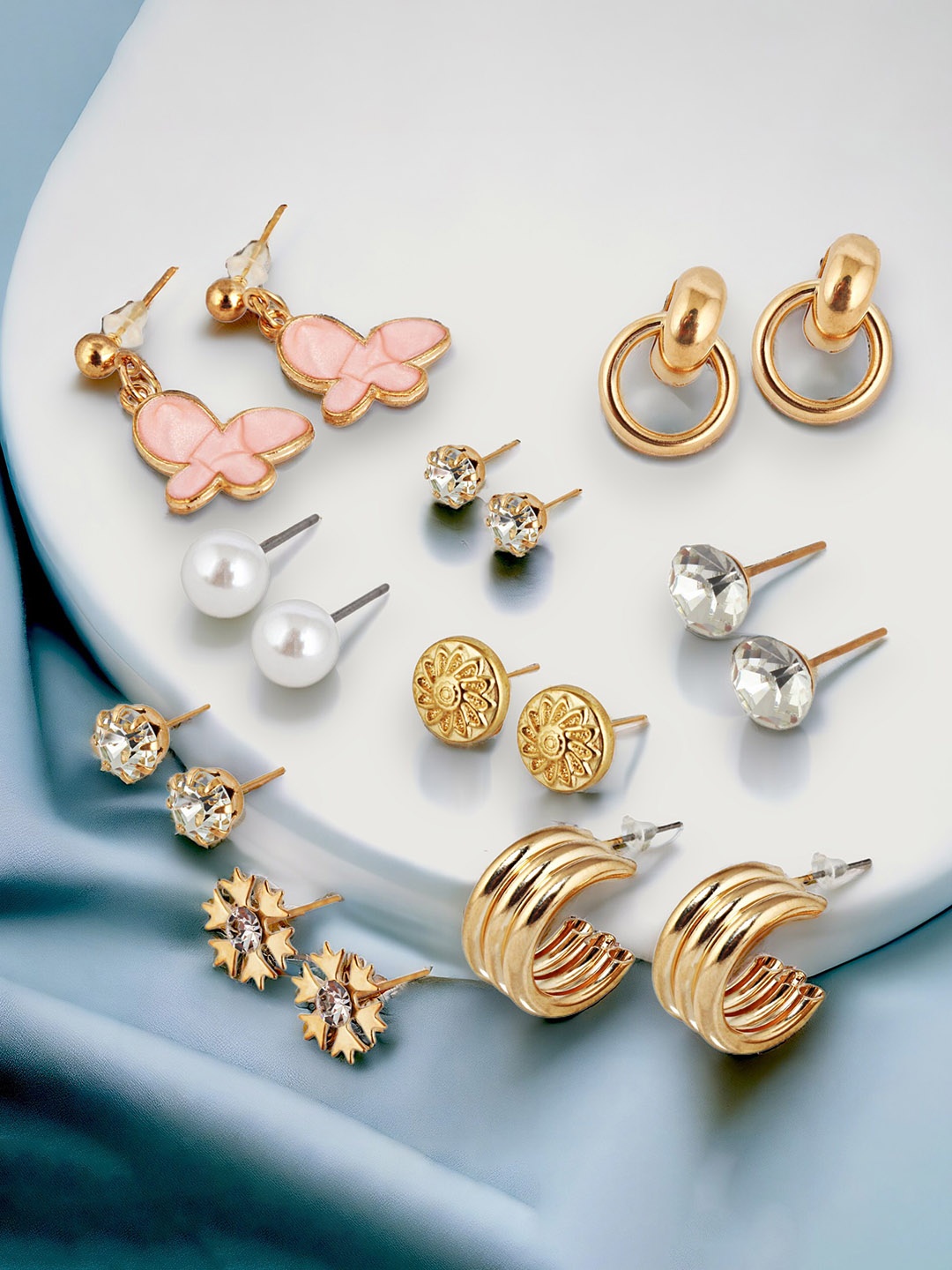 

LUCKY JEWELLERY Set of 9 Gold-Plated Geometric Studs & Hoop Earrings