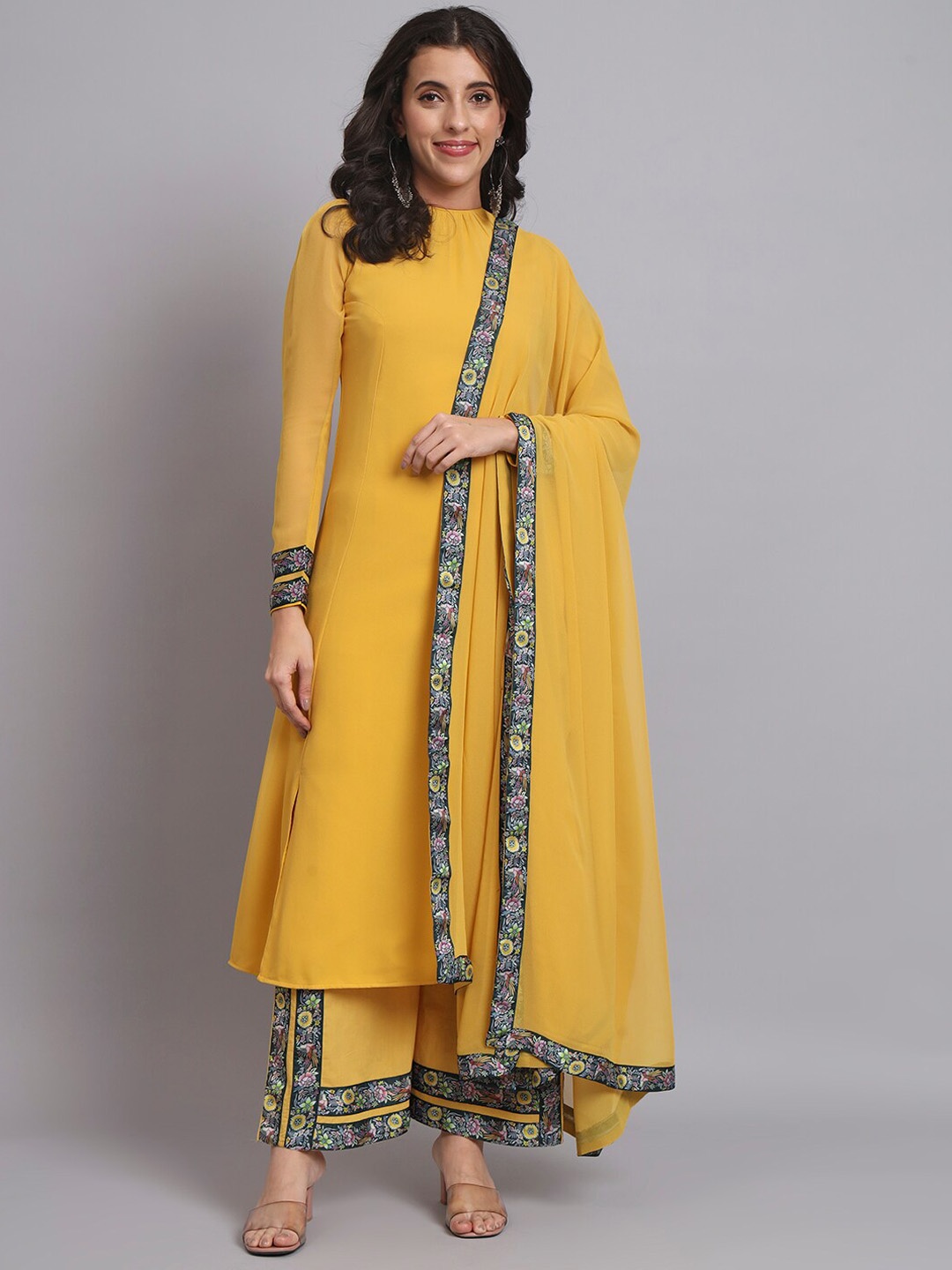 

KHIZAN High Neck Long Sleeves A line Kurta with Palazzo & Dupatta, Mustard