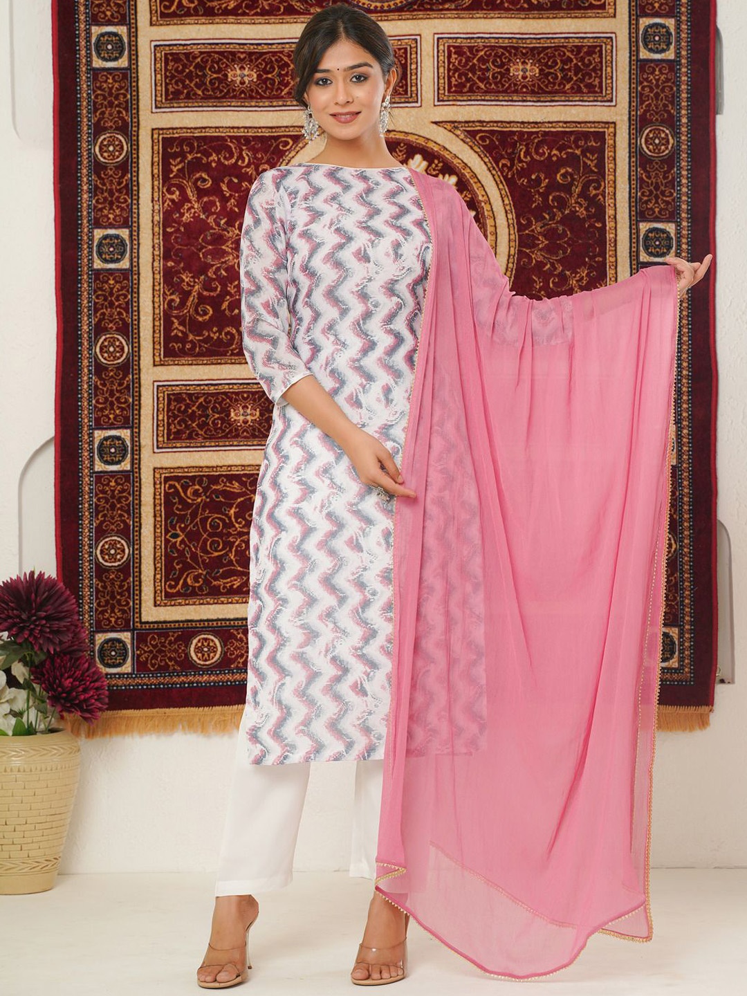 

KHIZAN Boat Neck Chevron Printed Straight Kurta with Trouser & Dupatta, White