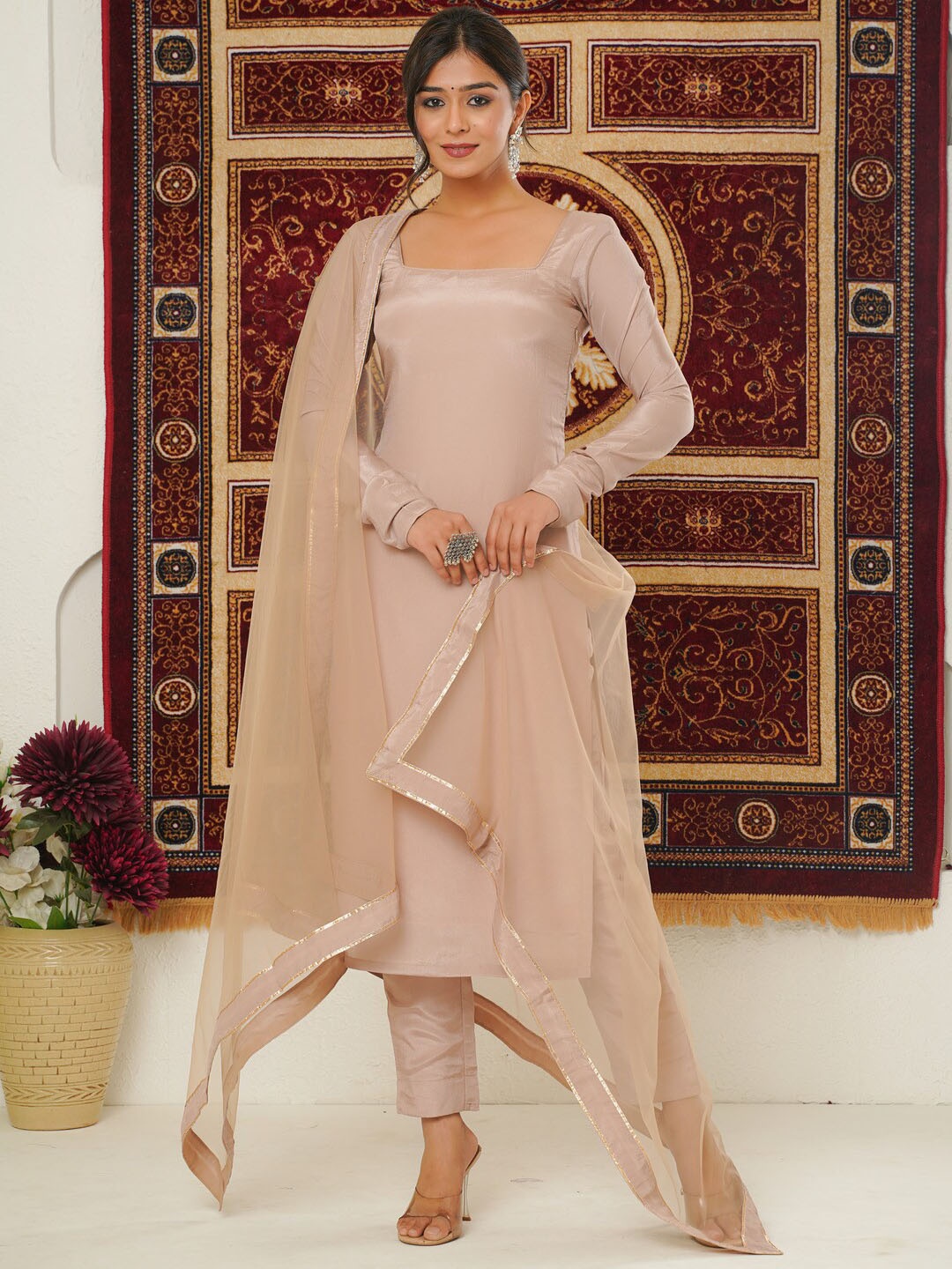 

KHIZAN Square Neck Long Sleeves Straight Kurta with Trouser & Dupatta, Beige