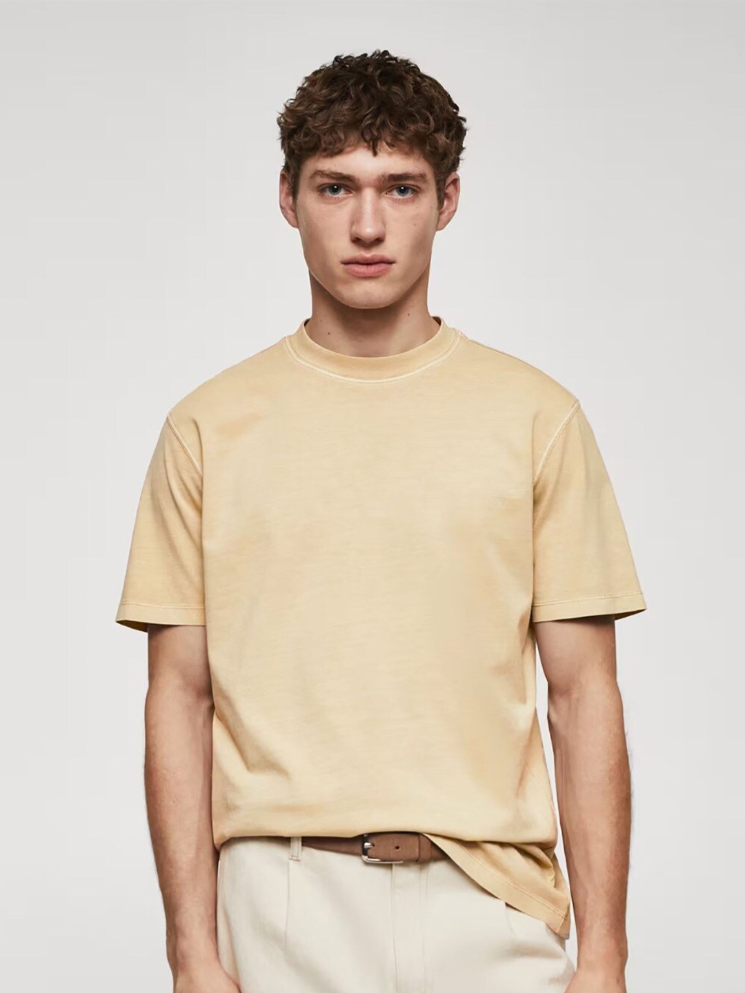 

MISCHIEF MONKEY Round Neck Cotton Oversized T-shirt, Beige