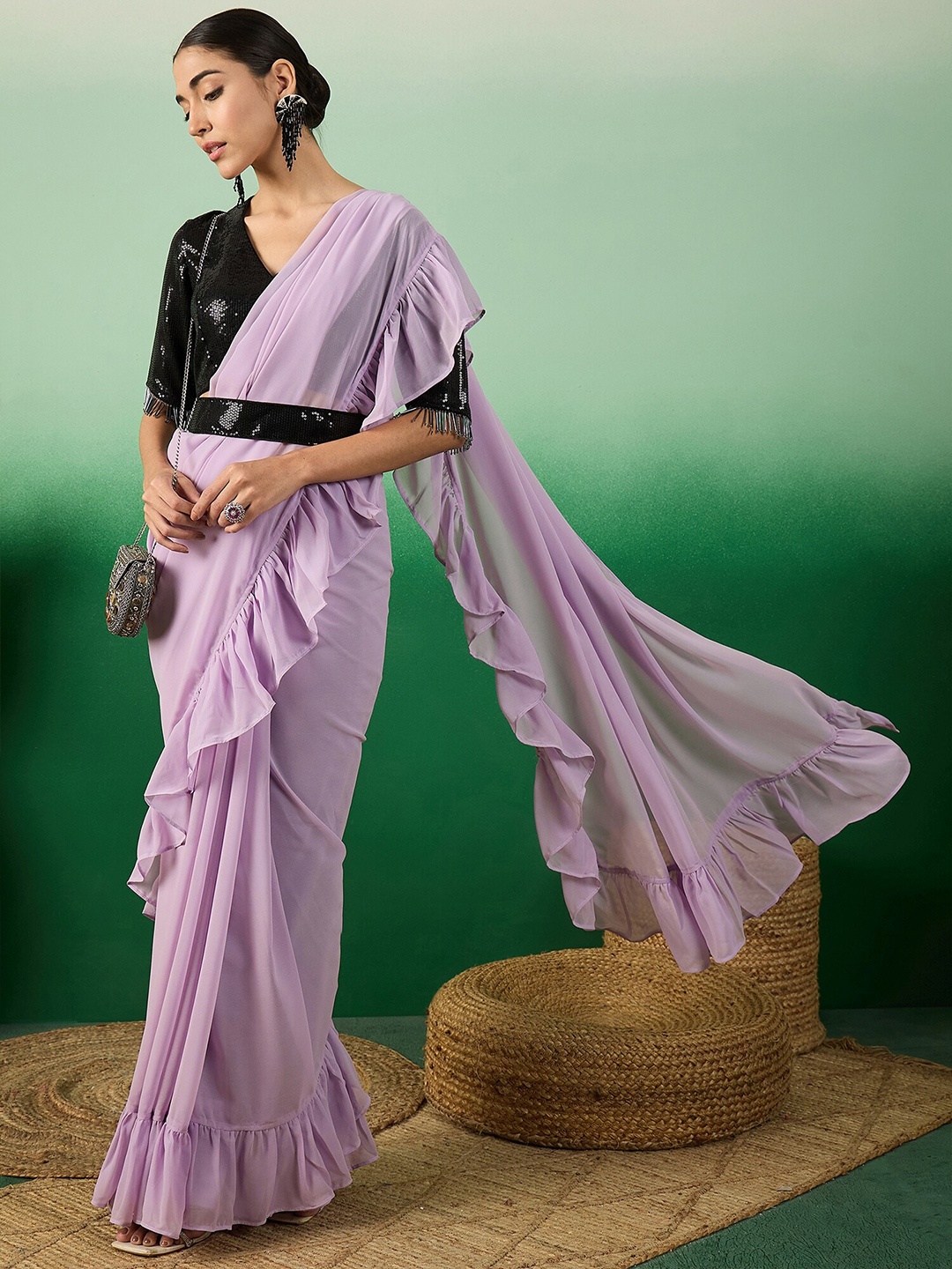 

Sangria Ruffle Belted Saree With Embroidered Blouse Piece, Lavender