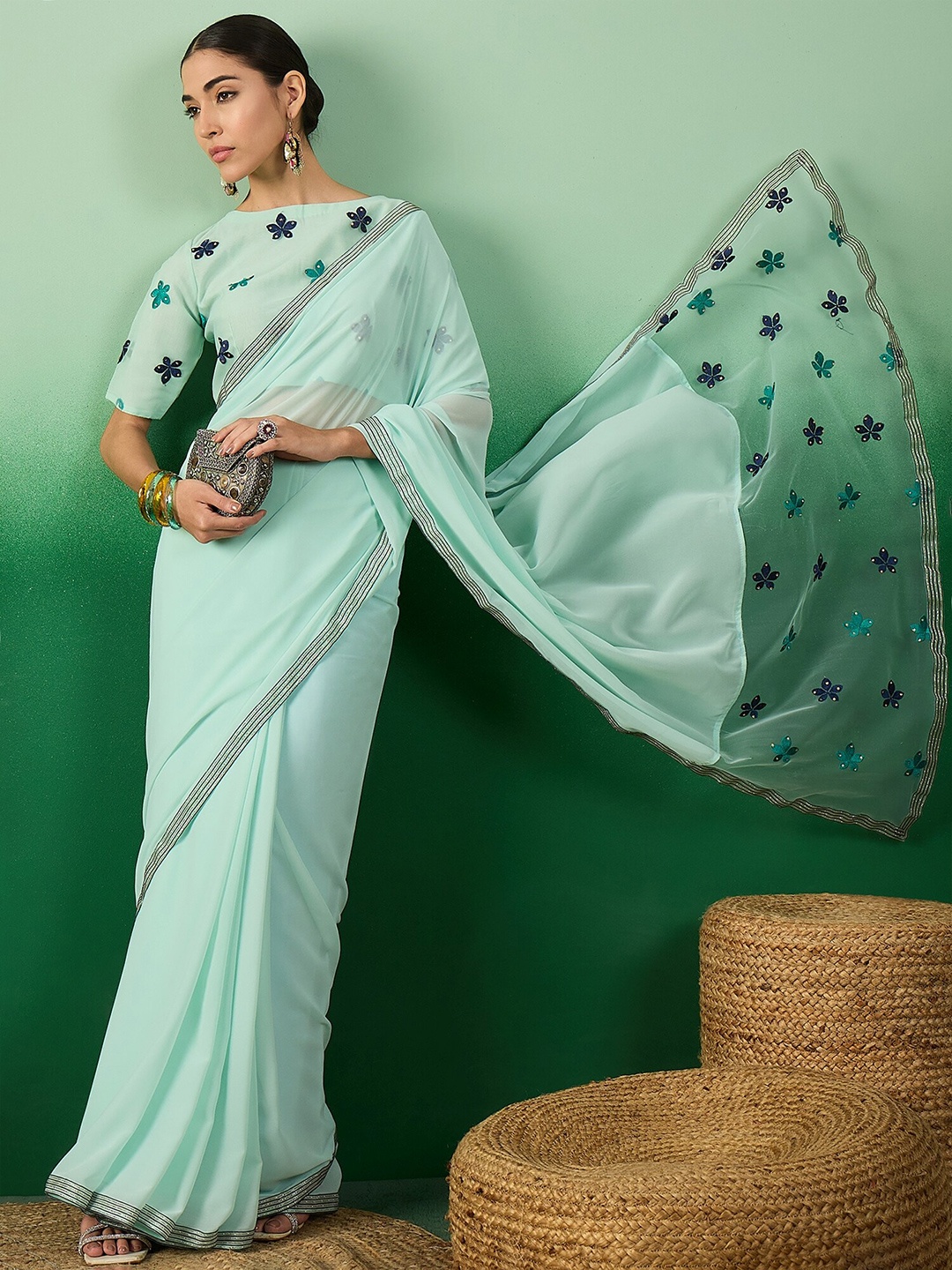 

Sangria Floral Embroidered Saree With Blouse Piece, Green