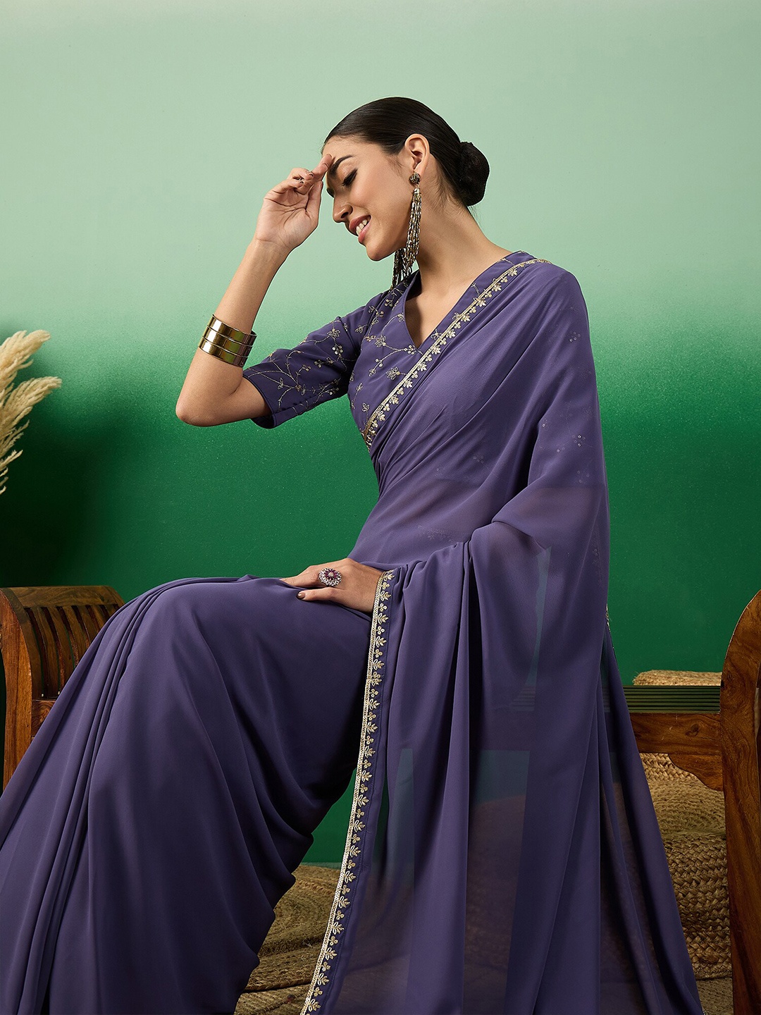 

Sangria Women Zari and Sequinned Embroidered Border Saree with Blouse Piece, Blue