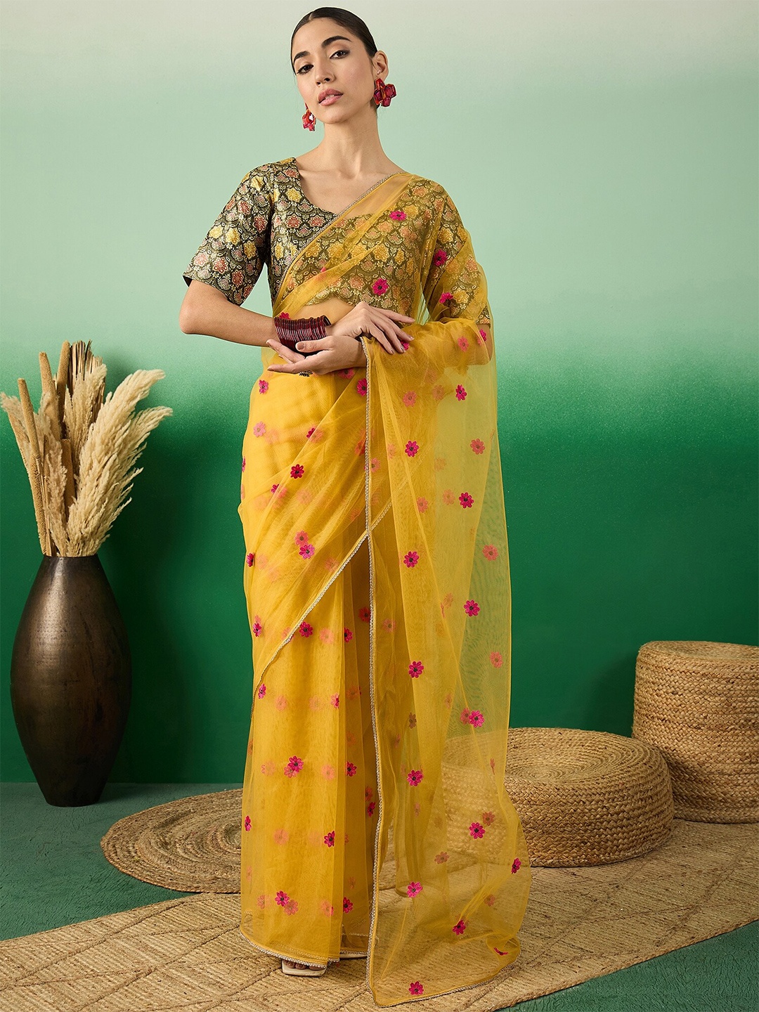 

Sangria Floral Embroidered Saree With Brocade Blouse Piece, Yellow
