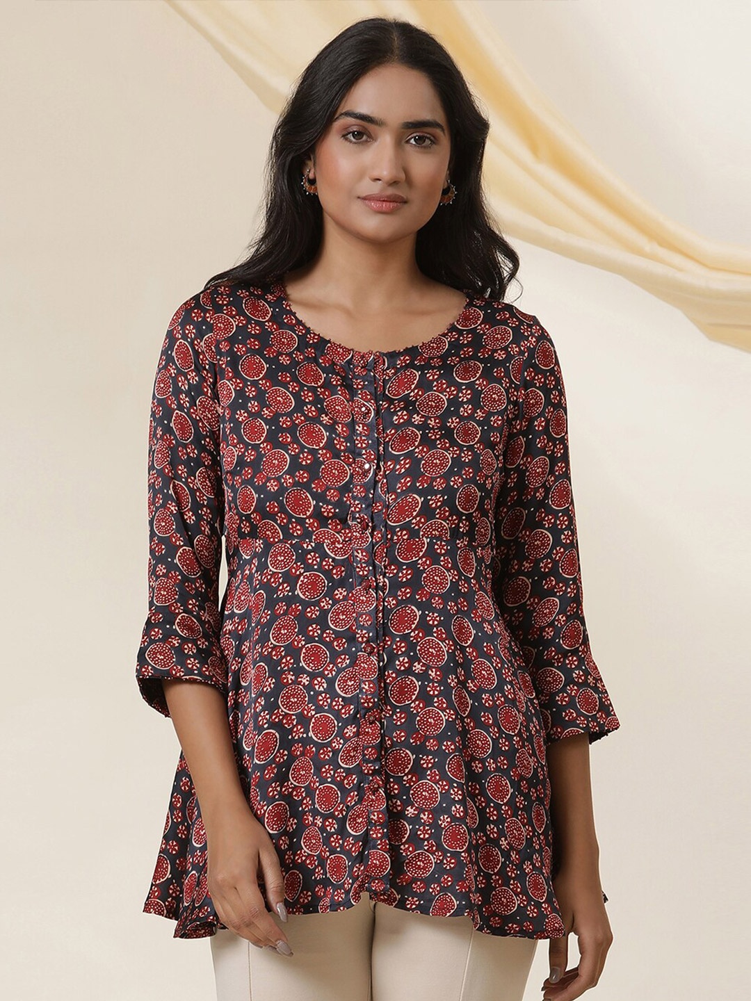 

W Floral Printed Round Neck A-Line Top, Blue