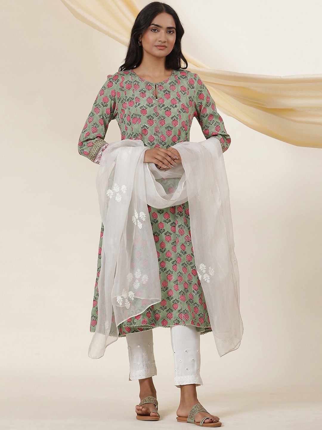 

W Floral Printed Sequinned Anarkali Kurta, Green