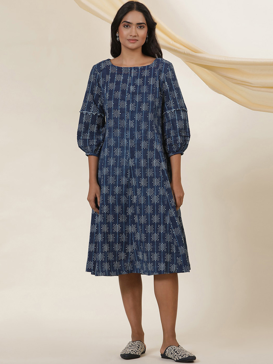 

W Geometric Printed Sequinned Puff Sleeves A-Line Kurta, Blue