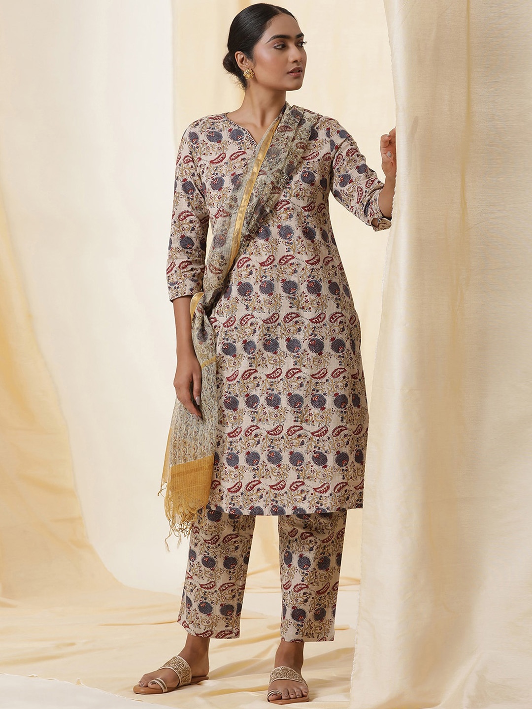 

W Floral Printed Sequinned Pure Cotton Kurta with Trouser & Dupatta, Beige