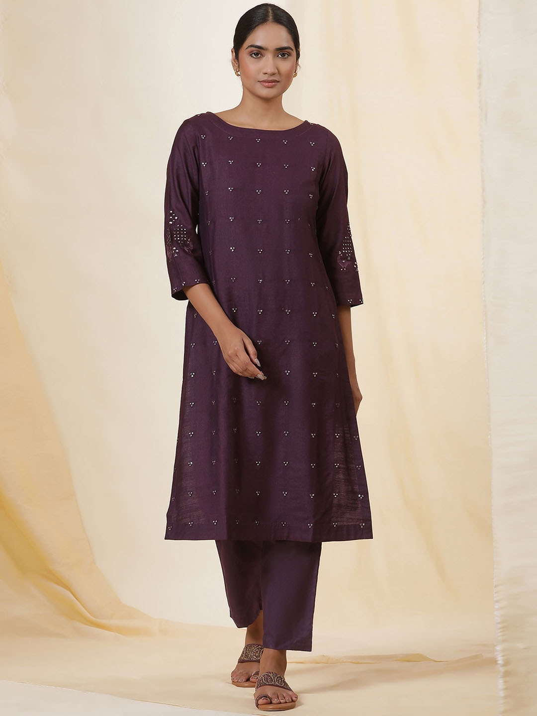 

W Purple Geometric Embroidered Mirror Work Straight Kurta